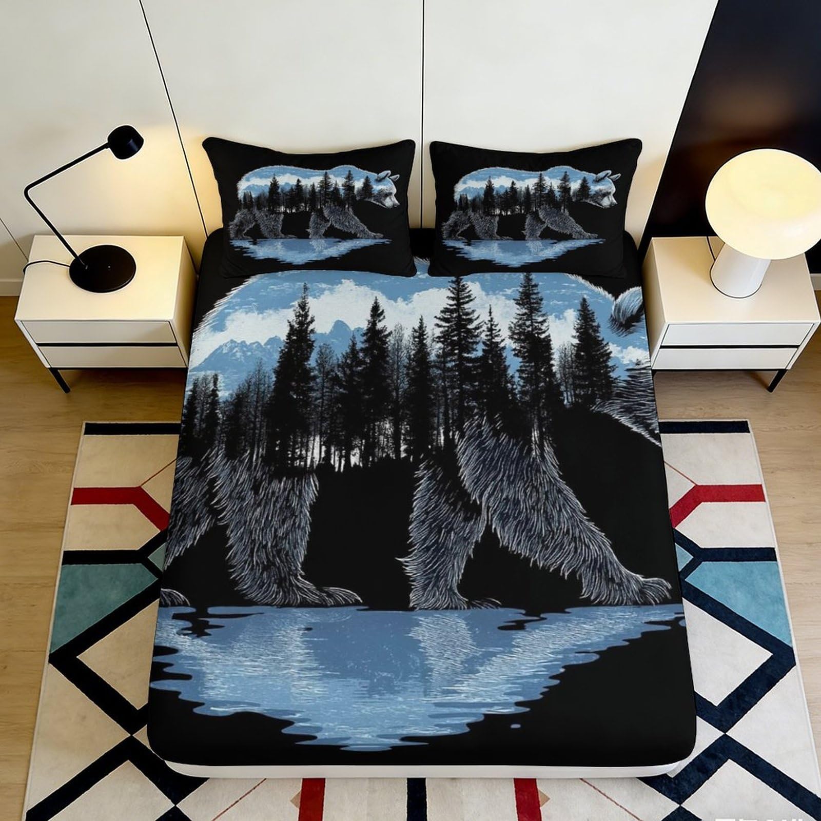 3D Printed Forest Lake Fitted Sheet Microfiber Deep Pocket Non-Slip Bedroom Bedding Forest Lake Mattress Fitted Cover for Adults 120x200x25cm