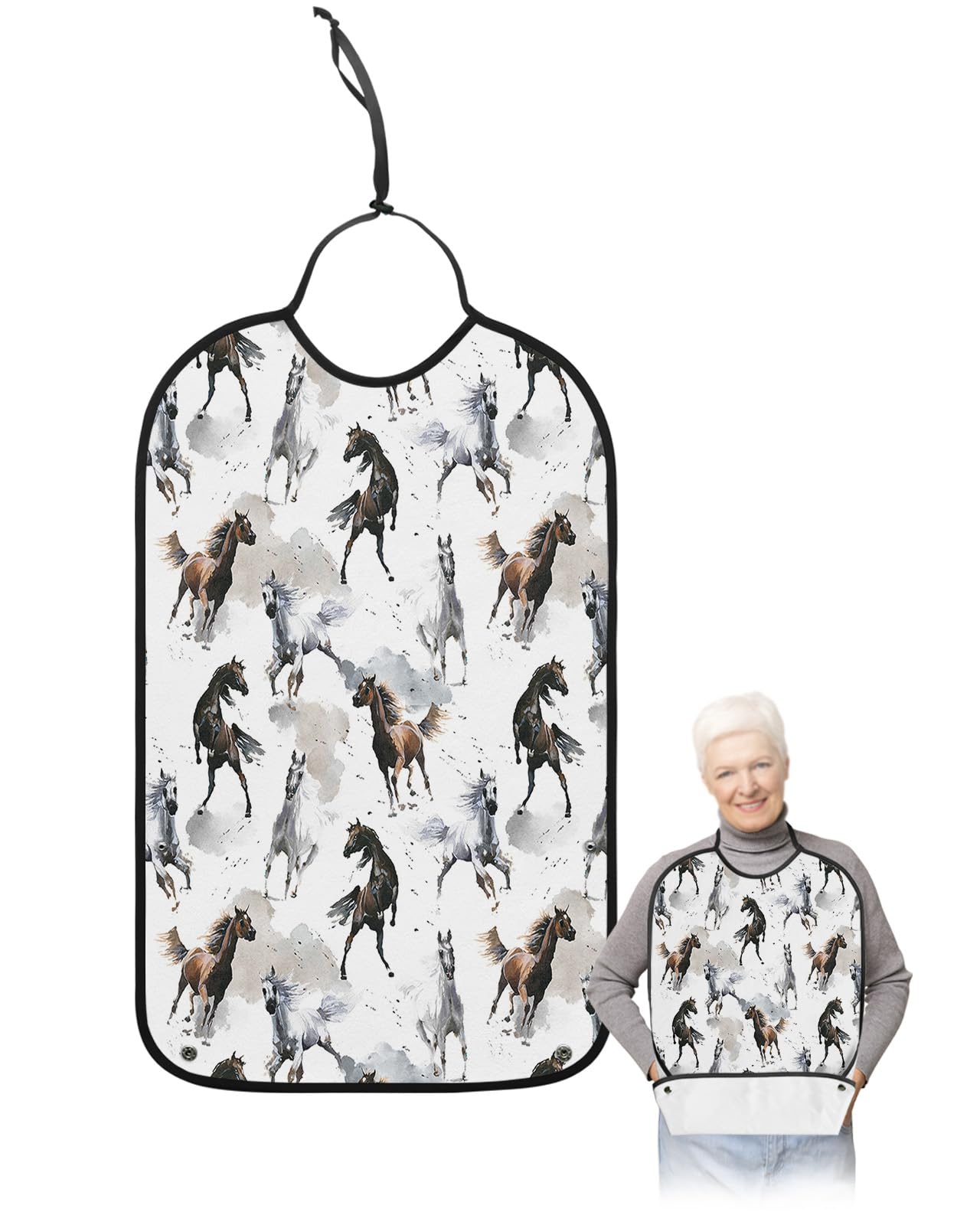 Watercolor Brown White Horse Adult Bibs for Eating, Waterproof Bibs with Food Catcher & Adjustable Snap Closure, Modern Abstract Art Washable Clothing Protectors Adult Bibs for Elderly Women/Men