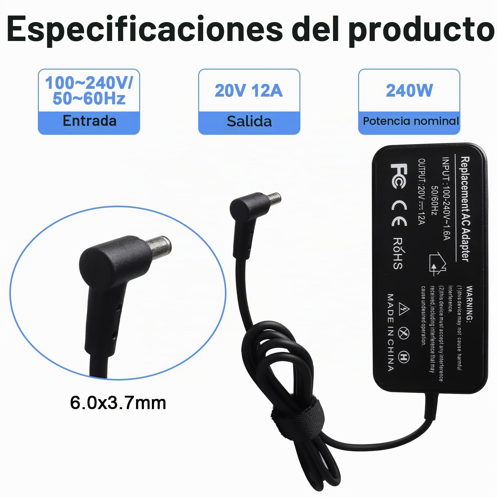 Cargador de portátil MXJFYY de 240 W para ASUS ROG Strix G15 G17 G513QM G513QR G713QR ROG Strix Scar 15 17 G533 G733 G733QM ROG Zephyrus M16 GU603,para ASUS ROG Zephyrus S17 S15 M16 G15【6,0 x 3,7 mm】