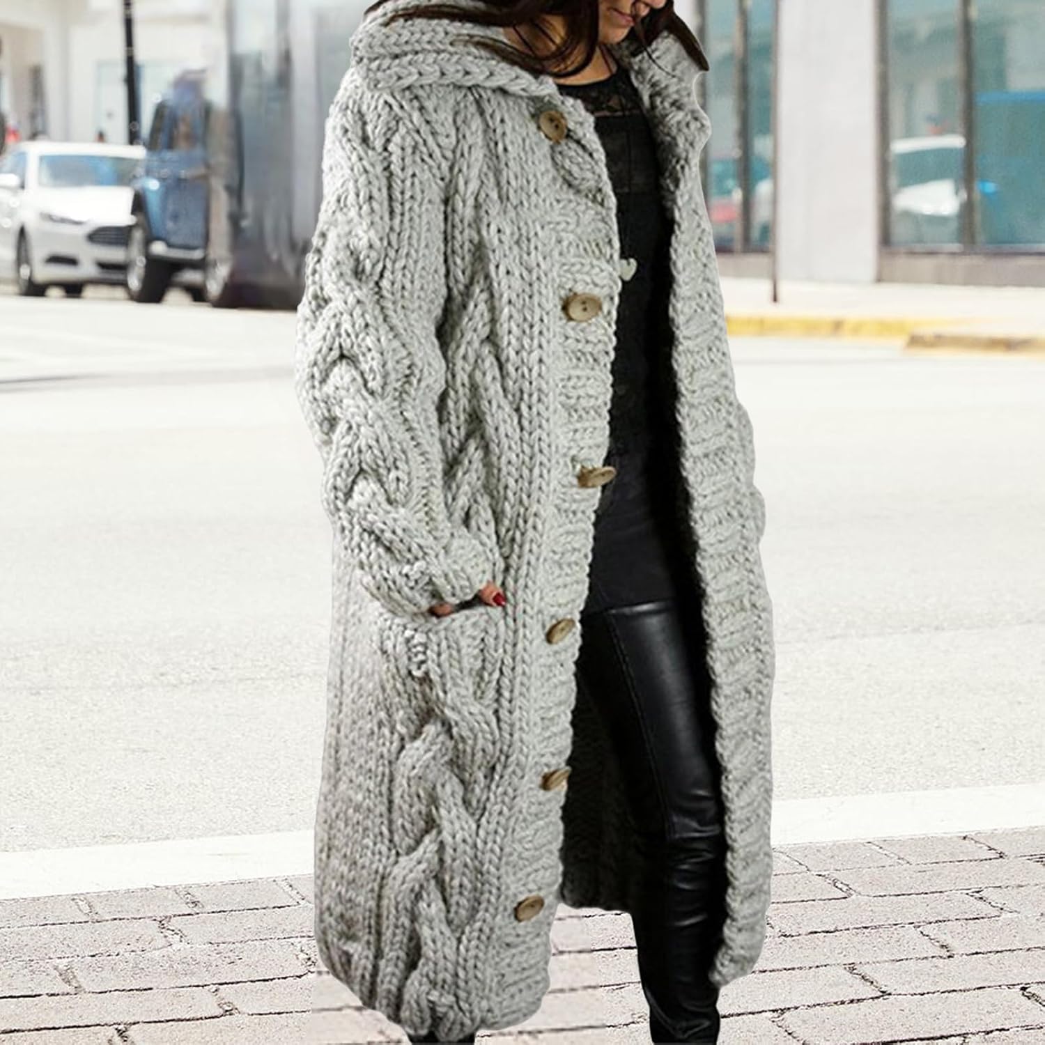 Long Cardigan Sweaters for Womens Fall Cable Knit Casual Coats Long Sleeve Button Open Front Winter Plus Size Sweater - Image 3