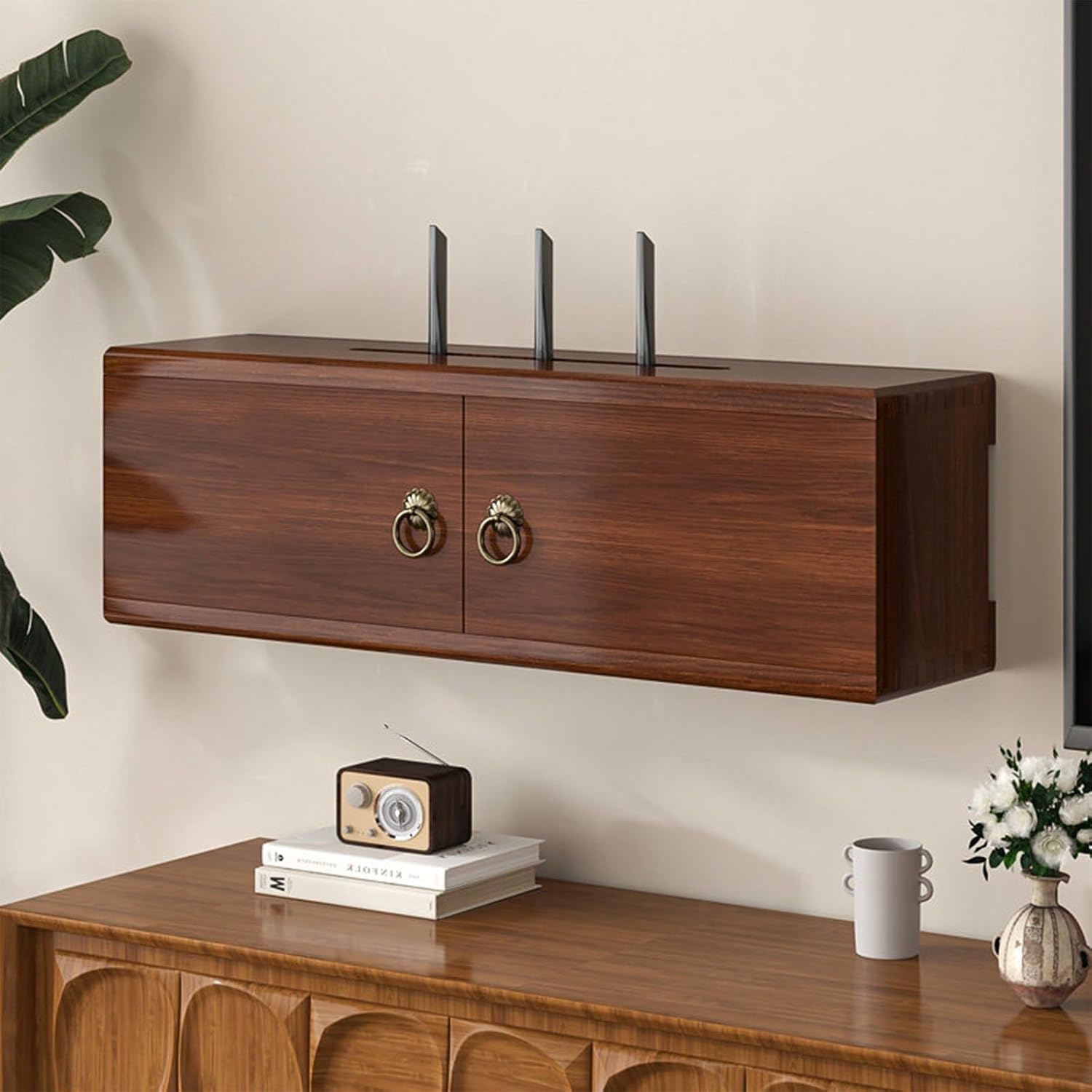 Wall Mounted WiFi Wireless Router Storage Box With Sliding Door,Wooden WiFi Router Hidden Box,Modem Power Strip Cable Management Hider Organizer,for Homes,Living Rooms,Offices(23.6*6.3*7in)
