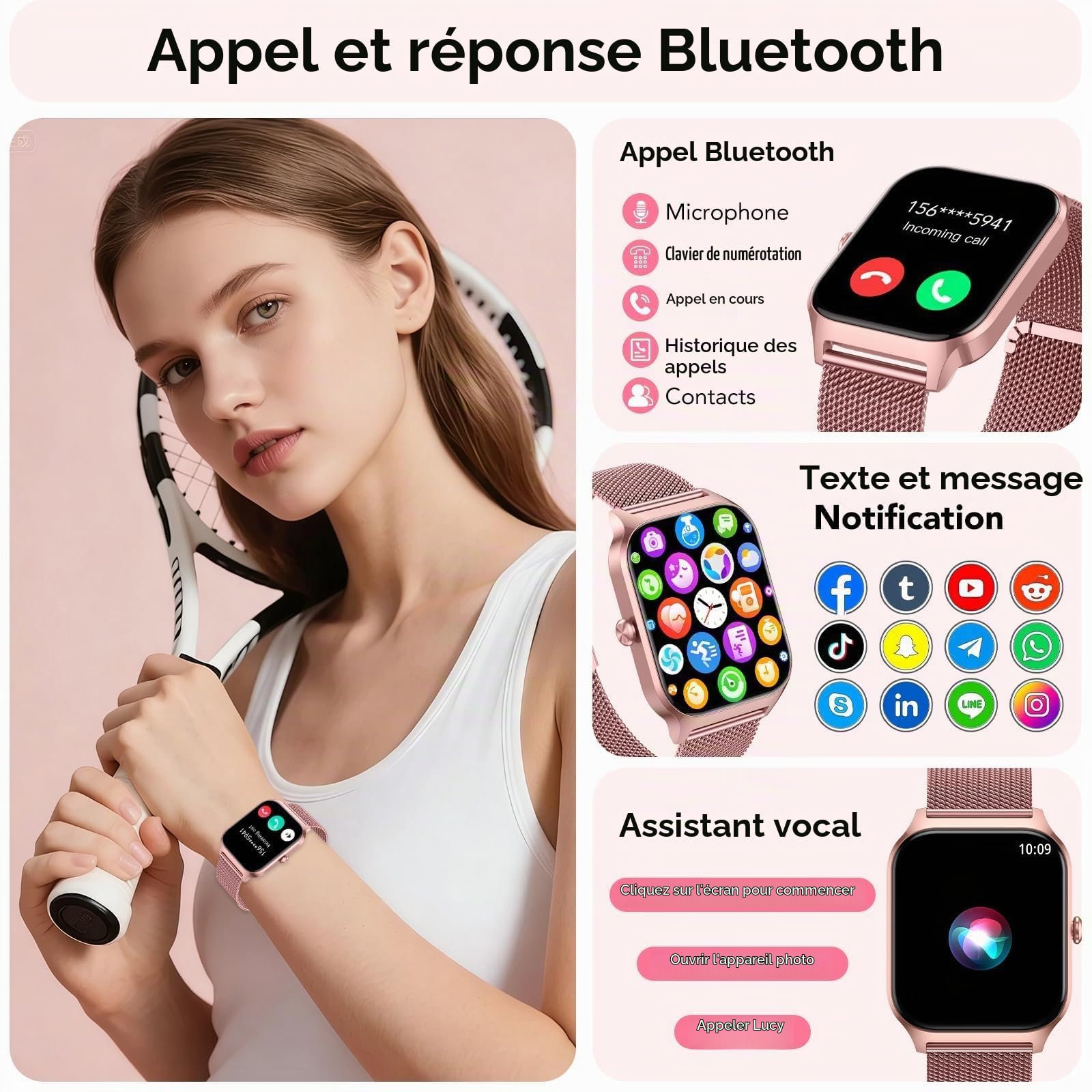 CASCHO Montre Connectée Femme avec Appel Bluetooth, 1.85" HD Smartwatch Femme avec Fréquence Cardiaque/Sommeil/SpO2, 120+ Modes Sportifs, IP68 étanche, Fitness Tracker Watch pour Android iOS-Or Rose