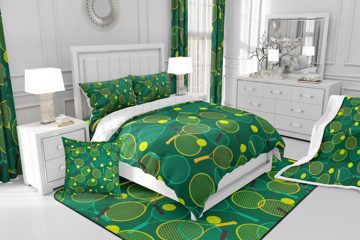 Erosebridal Kids Tennis King Bedspread Set, Activity Cartoon Soft Coverlet Set & Bedspread for Boys Girls Tennis Lover, Green Yellow Ball Bedding Sets for Bed, Sports Racket Quilt Bedding Sets