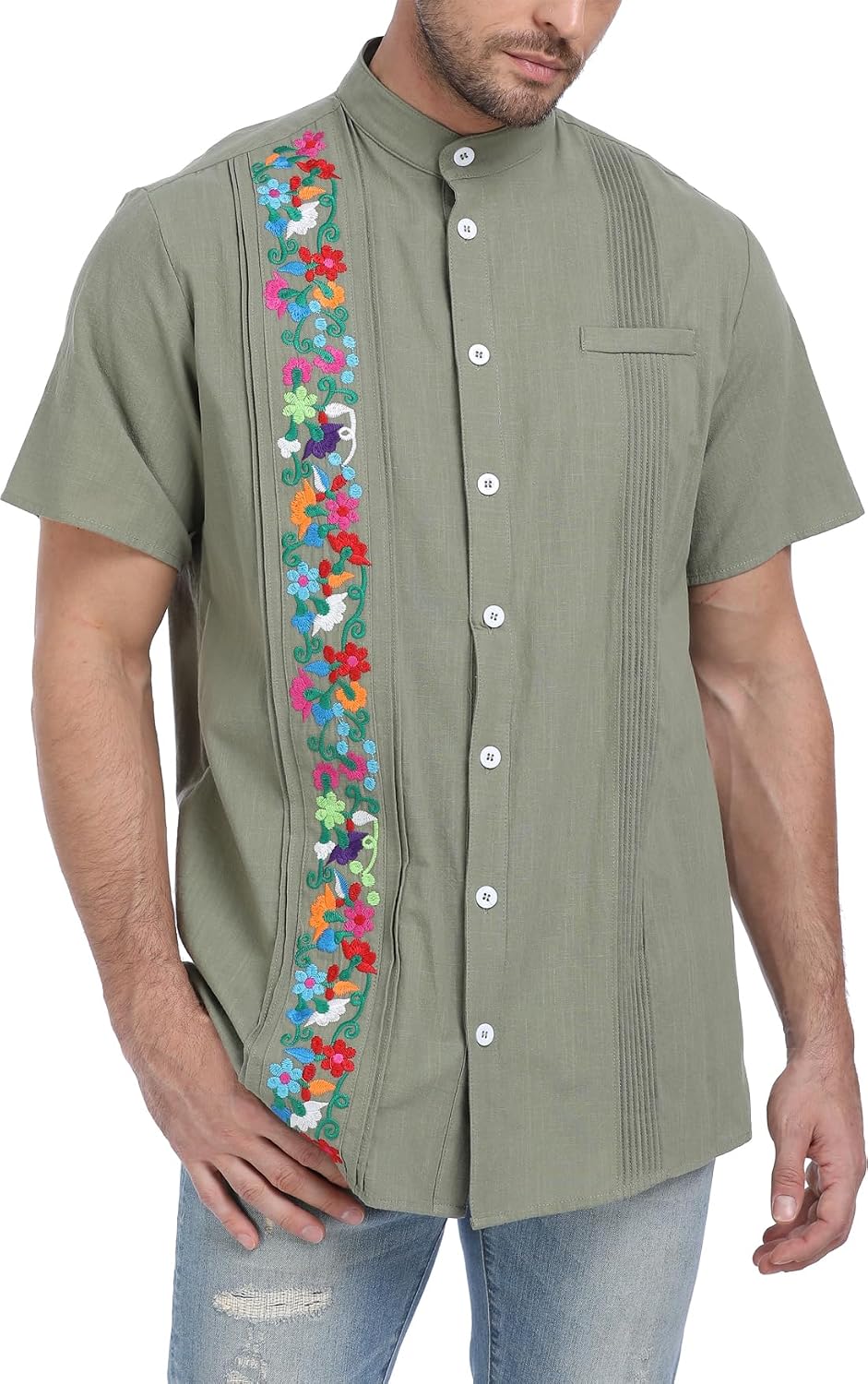 YZXDORWJ Men's Mexican Cuban Shirt Embroidered Traditional Button Down Shirt Summer Band Collar Short Sleeve Tops