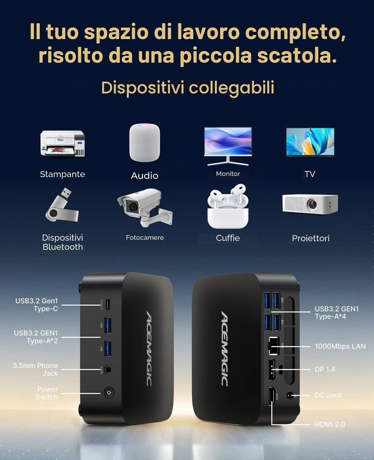 ACEMAGIC Kron Mini K1 Mini PC, AMD Ryzen Embedded R2544 (4C/8T, Fino a 3.7GHz),Win 11 Pro Mini Computer 8GB DDR4 RAM 256GB SSD,AMD Radeon Graphics, BT4.2/WIFI 5/per Ufficio, Studio,Business