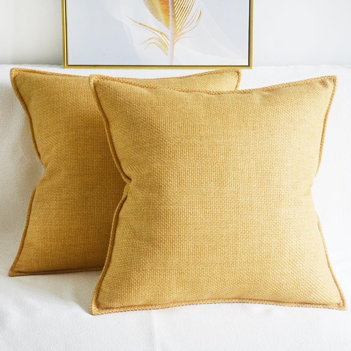 Lutanky Yellow Linen Cushion Covers 45x45cm Elegant Square Throw Pillow Covers (Pack of 2) for Sofa Bedroom Home Decoration Breathable Pillowcases with Invisible Zipper 18x18 Inch - Image 2
