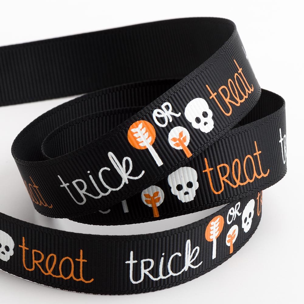 Italian Options Trick or Treat Halloween Ribbon, 16mm x 5 Metres, Black Grosgrain