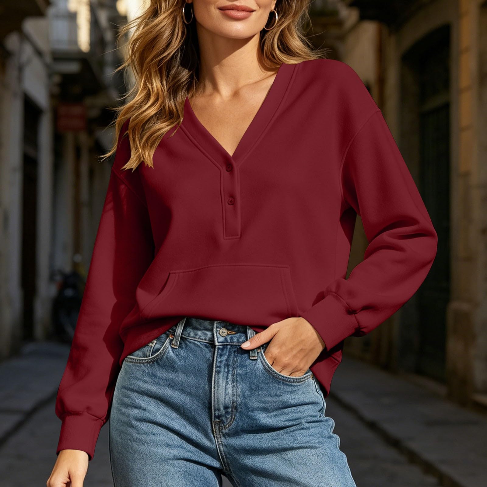 Generico Felpa Leggera Donna Felpa Leggera con Mezza Bottoni Scollo a V Casual Giacca con Tasche Taglie Forti Spessa Giubbotto da Autunno a Maniche Lunghe Moda Felpe per Fitness Jogging Tinta Unita