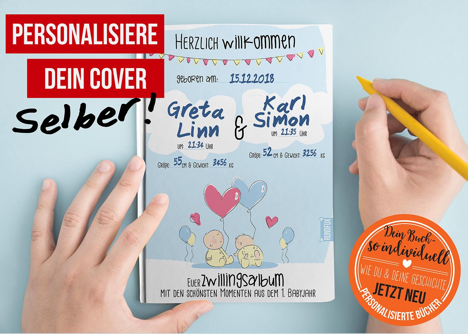 Zwillingsalbum personalisiert – Erinnerungen ans erste Babyjahr | Rundfux® | Wunschname, individuelles Cover, Meilensteine, Fotos, Entwicklungsschritte, Geburtsdaten, Erinnerungsschatz