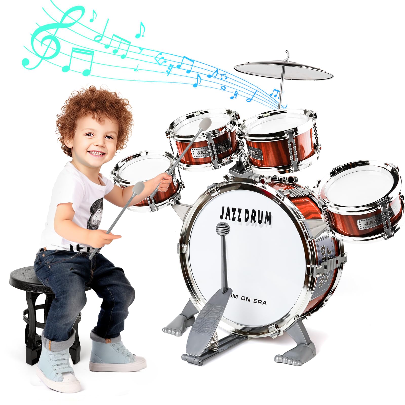 Kit de batería para niños, batería Infantil, Instrumento de 5 Tambores con Taburete, batería Infantil, Instrumento Musical, educación temprana,, Juguetes para 3 4 5 años