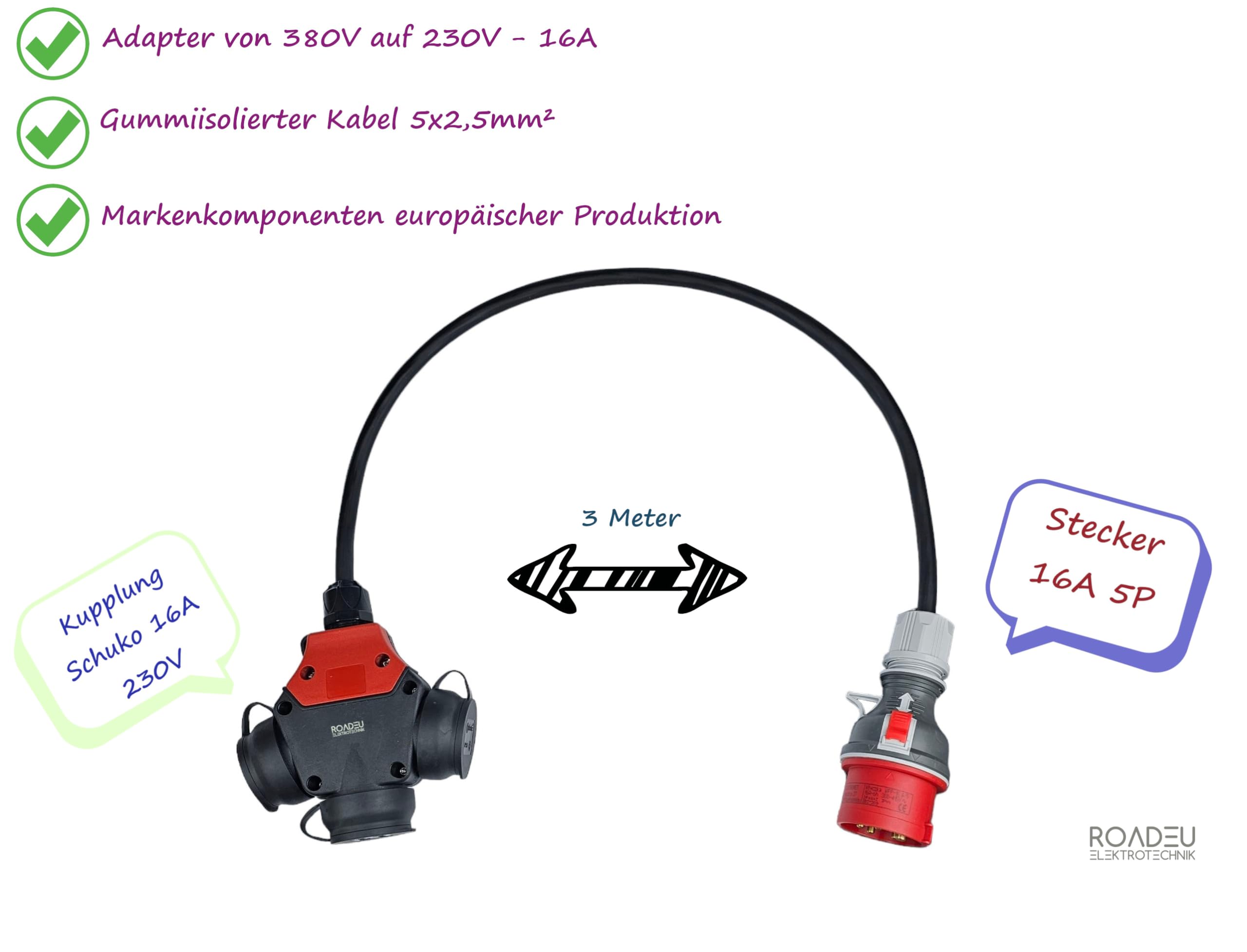 RoadEu CEE Starkstrom Adapter, CEE Stecker 16A, 380V auf 220V, 3X 220V Schuko Kupplung, 5x2,5mm Gummikabel 3 Meter. 16A auf 230V. Starkstrom Verteiler