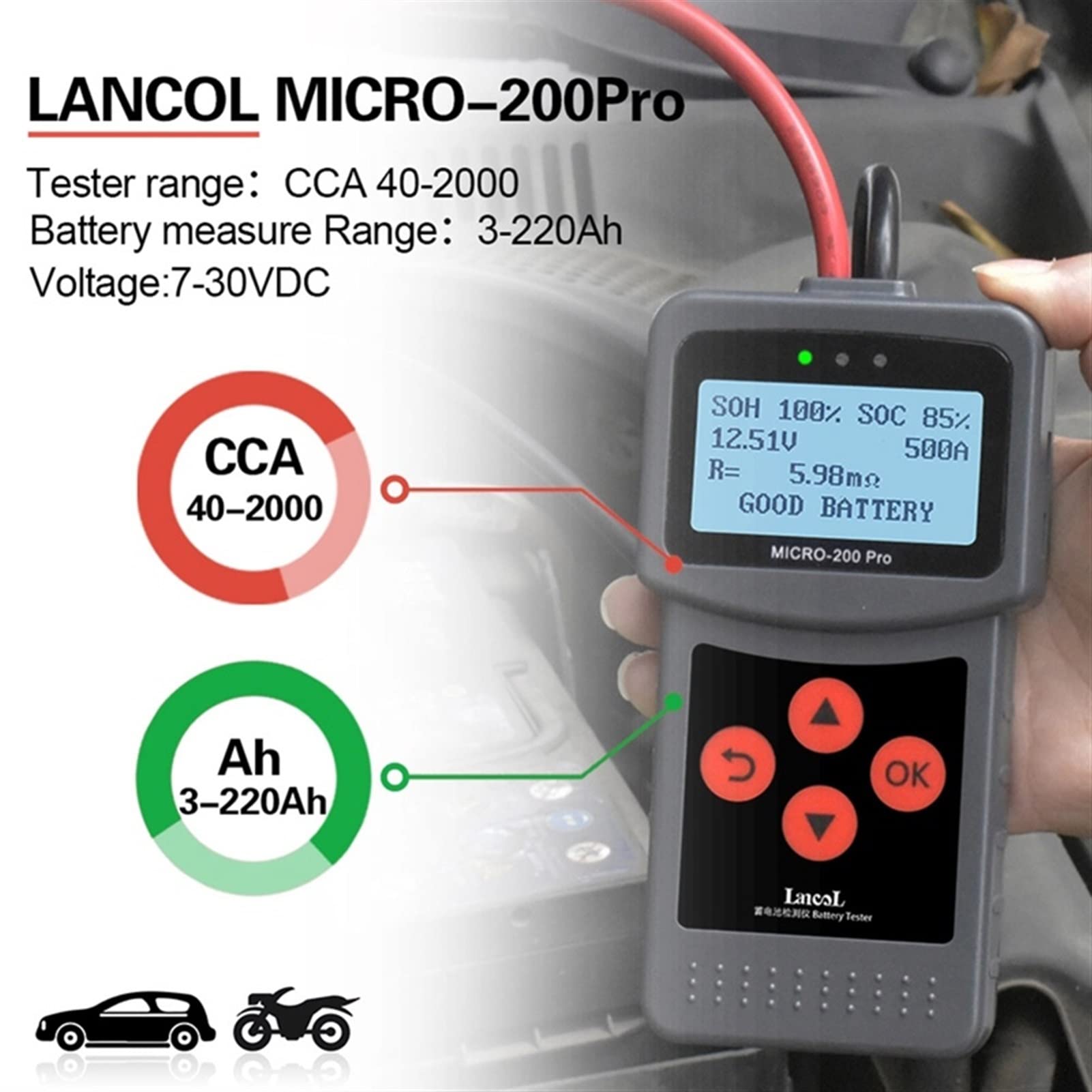Tester Batteria, 1. 2 V 24V Micro-200 Pro Automobile Digital Battery Tester Battery Analyzer multi-lingua digitale AGM EFB. Gel CCA BCI CA MCA JIS DIN IEC