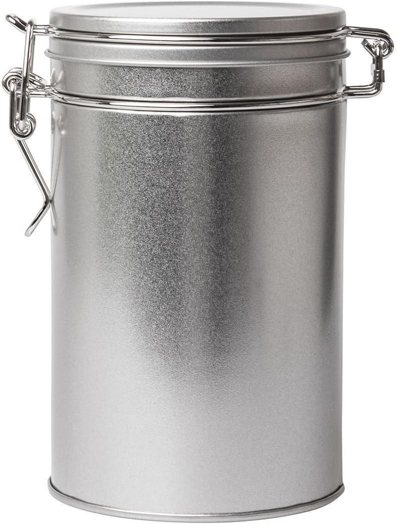 Round Clip Tin in Silver with Flip Top, 850ml | Available in packs of 1,3 and 6 | Multipurpose storage - ideal for or tea, coffee, spices, confectionery, bath salts, cosmetics etc.