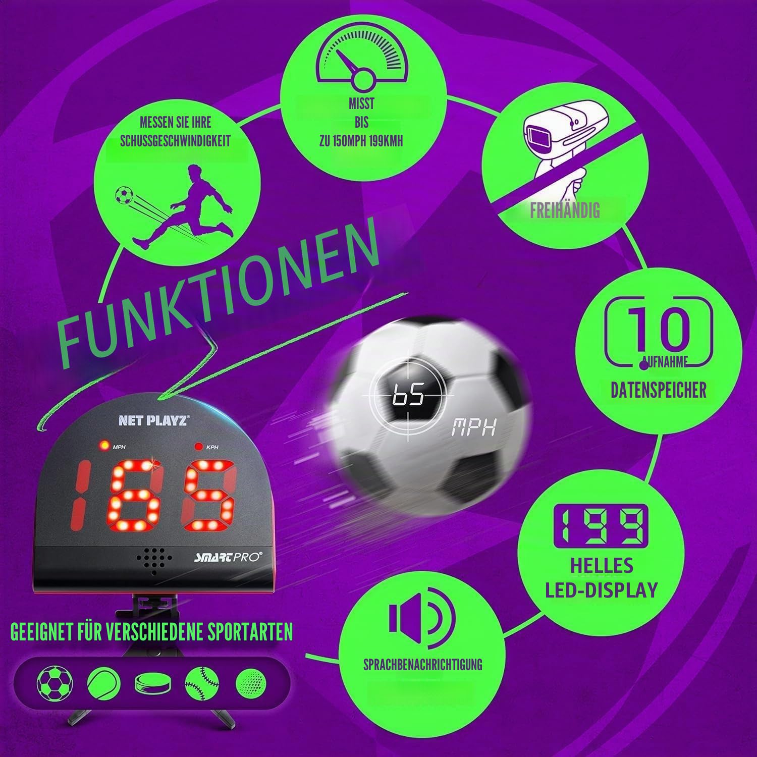 Fußball-Gfit-Trainingsgeräte und Ausrüstung – Radar, Geschwindigkeitssensoren (freihändig) Radarpistolen, Schießgeschwindigkeitspistolen für Fußballspieler