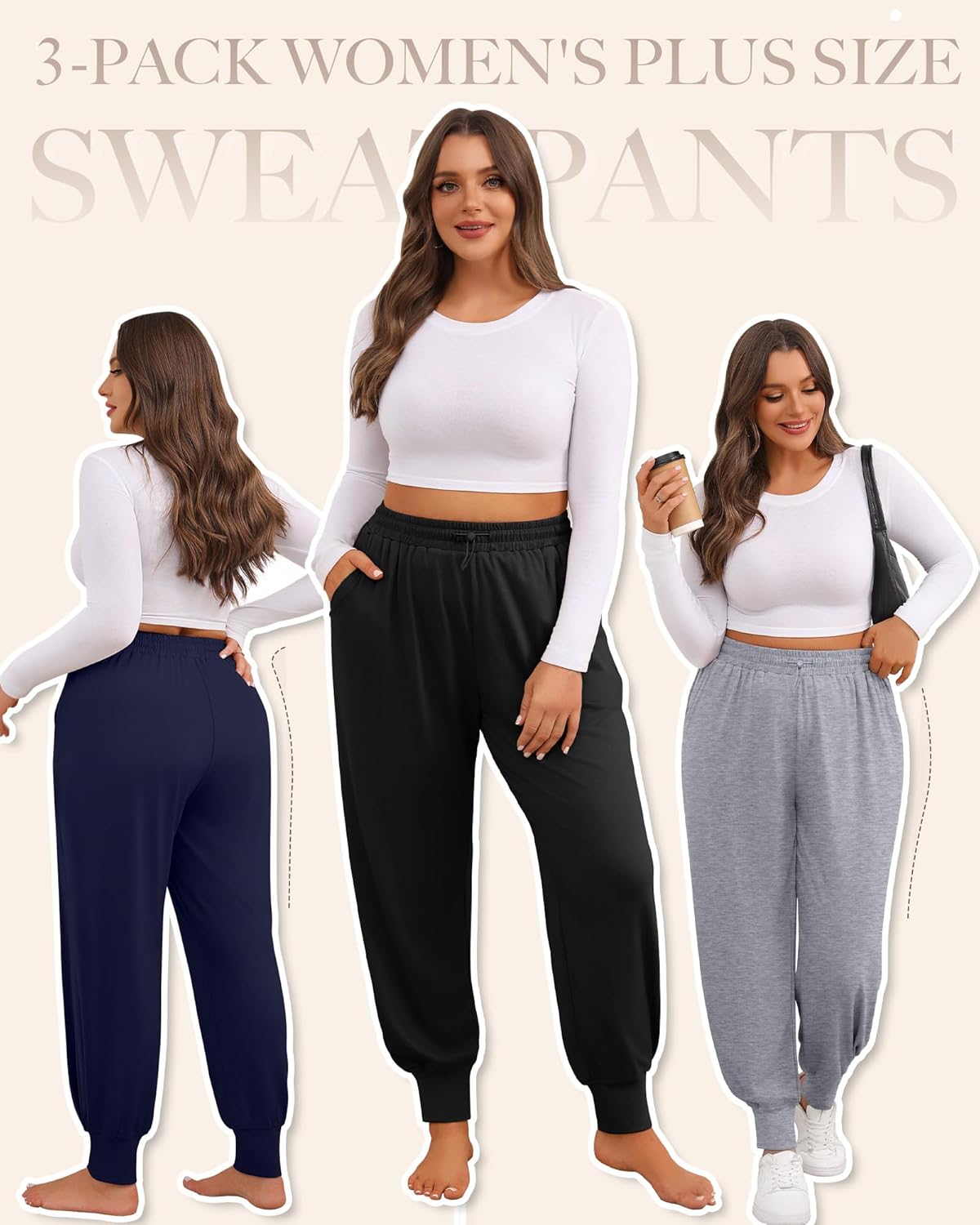 3 Pack Women Plus Size Lounge Joggers Sweatpants Casual Lightweight Yoga Jogger Running Workout Pant with Pockets(Navy Blue, Light Gray, Black,4X-Large) - Image 3