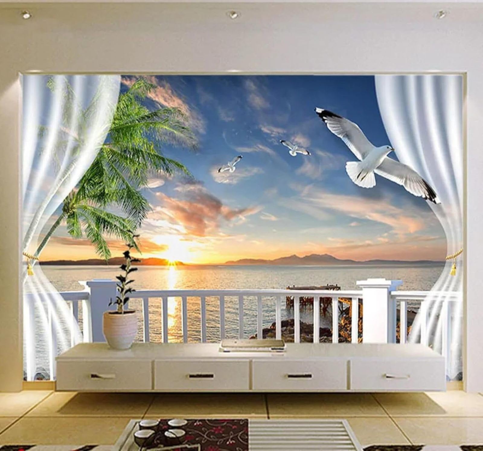 XLMING Aesthetic Sunrise Balcony Curtains Sea View 3D Wallpaper Premium Textured Silk Study Dining Living Room Bedroom Sofa TV Wall Easy Install-430cm×300cm