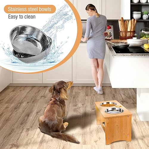 Miniatura 6 de Soporte elevado de bambú para perros, comedero elevado antideslizante para perros con 2 cuencos de acero inoxidable para alimentos y agua, 10