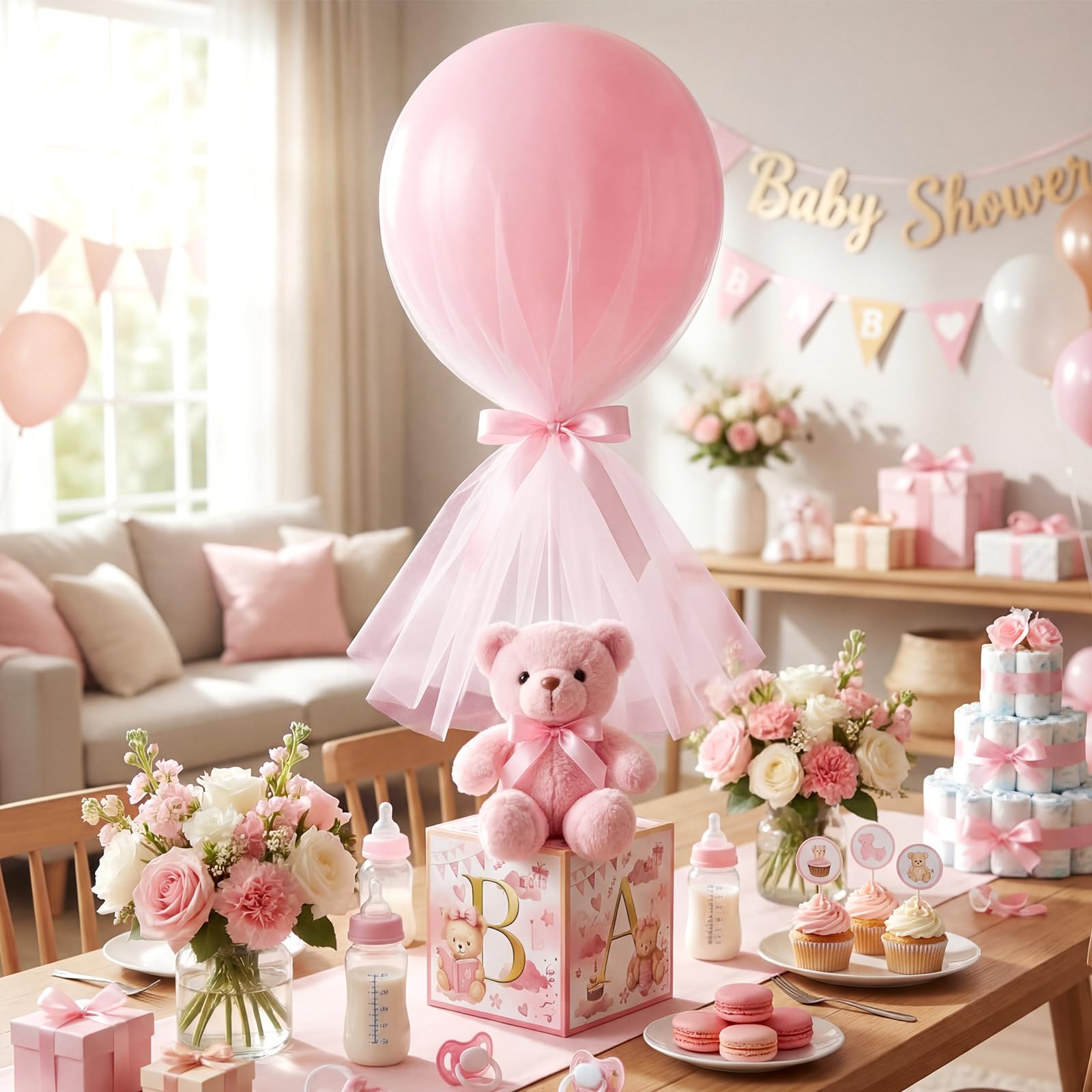 Outus 8 Sets Rosa Bär Babyparty Dekorationen mit Buchstaben Boxen für Babyparty Tisch Mittelstücke Stoffbären Ballon Rosa Boxen mit Ständer Bär Plüschtier Bären für Geschlecht Enthüllung Geburtstag