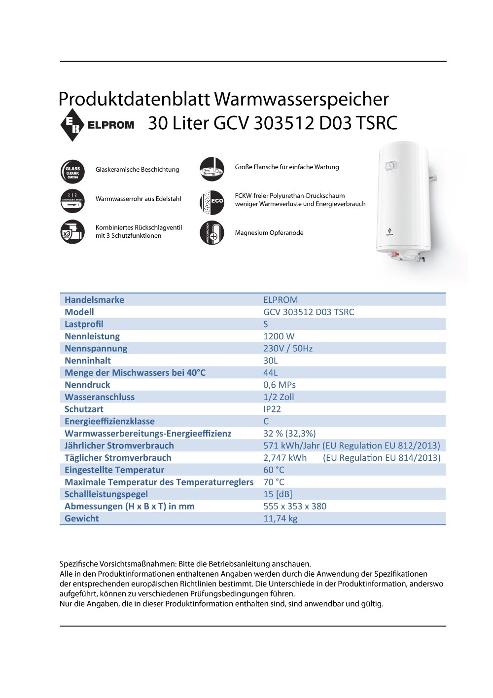 Warmwasserspeicher Warmwasserboiler Elprom 30L druckfest | inkl. Kombi-Rückschlageventil und Kabel mit Stecker, 1200W, 230V