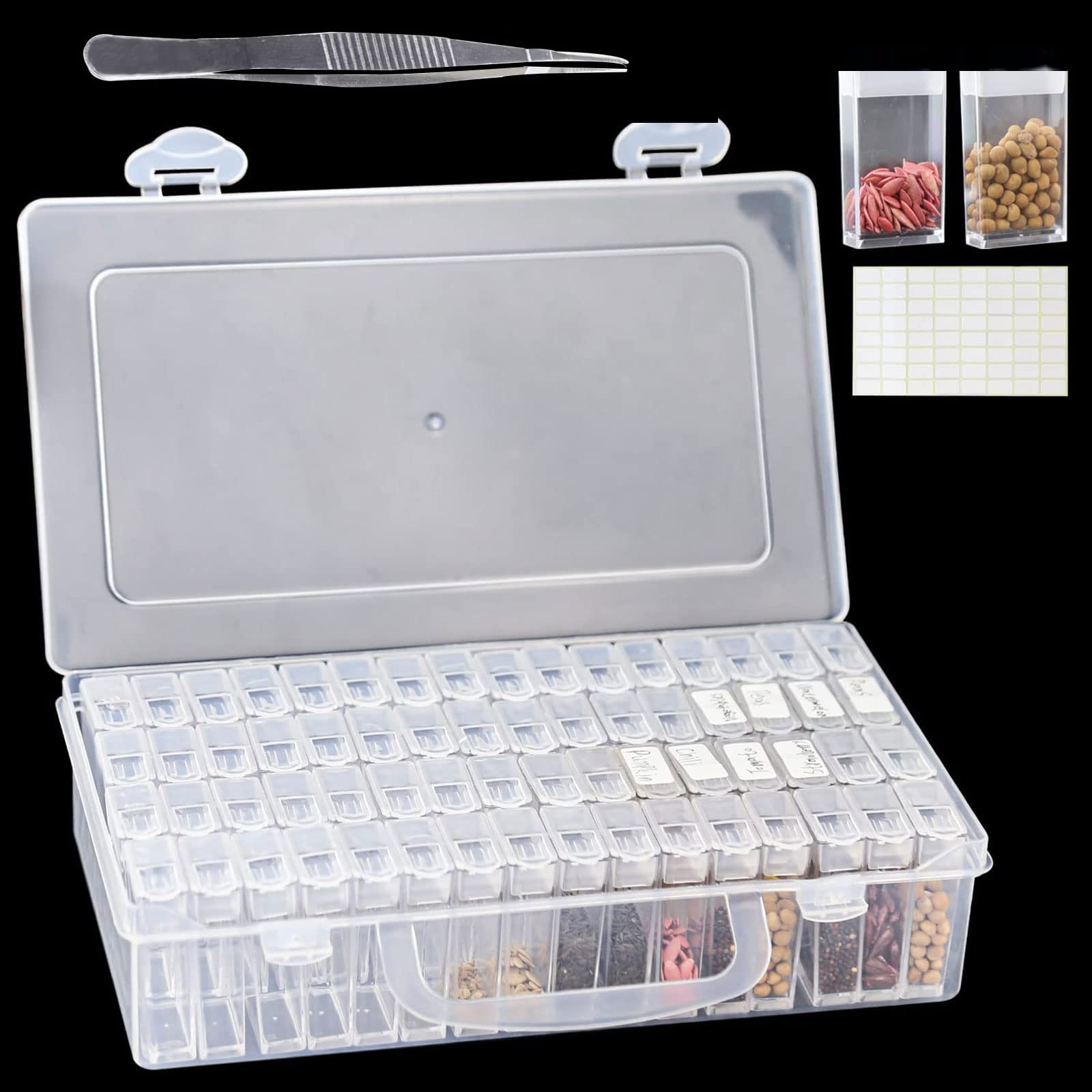 mumisuto 64 Fentes Boite Stockage Graines, Organisateur de Graines, Boîte de Rangement Plastique pour Stocker Les Graines, BoîTe de Stockage de Graines avec éTiquettes Autocollantes