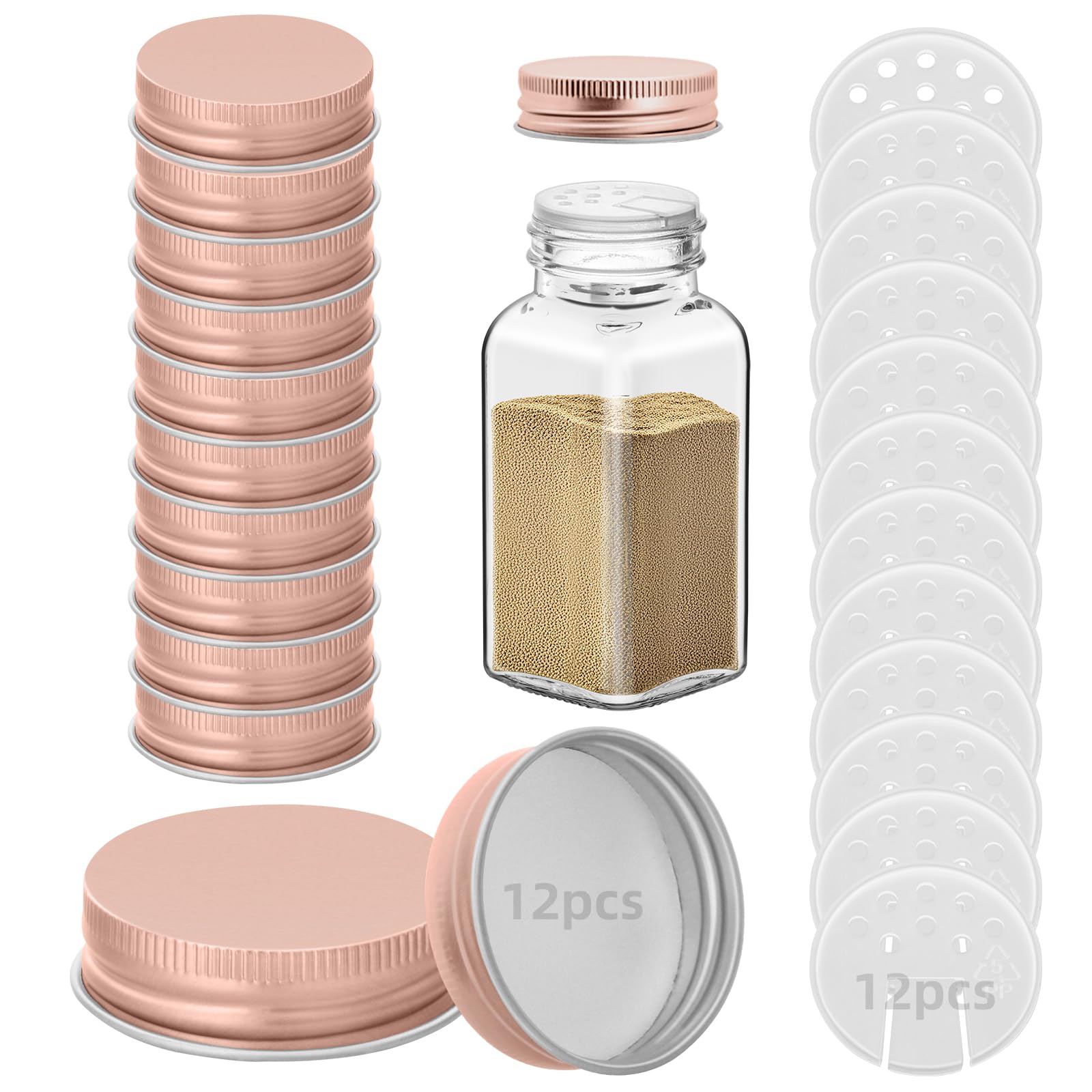Eispap Rose Gold 12 Iron Spice Jar Lids With 12 Shaker Inserts, Fit 4Oz & 6Oz Glass Jars, Airtight Metal Caps, 2-In-1 Pour & Sprinkle Design For Salt, Pepper & Seasoning (Jars Not Included) (Rose Gold)