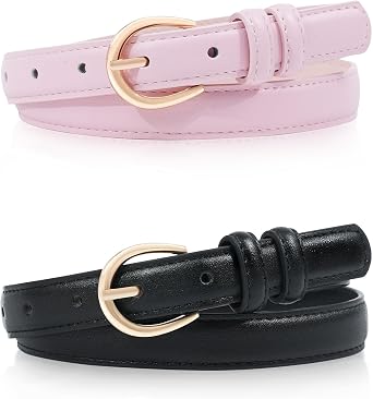 Kajeer Girls Belt 2 Pack, Kid Leather Belt 1.4W Gold Round Buckle 9 Adjustable Hole Youth Toddler Belt for Uniform Casual