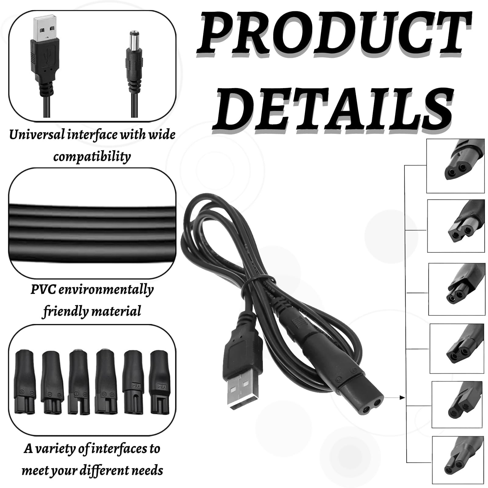 8 pezzi caricatore da rasoio,5 V USB caricatore da rasoio, cavo universale, cavo di alimentazione USB con 6 connettori adattatori per rasoio elettrico, per una varietà di rasoi/purificatori/tavolo