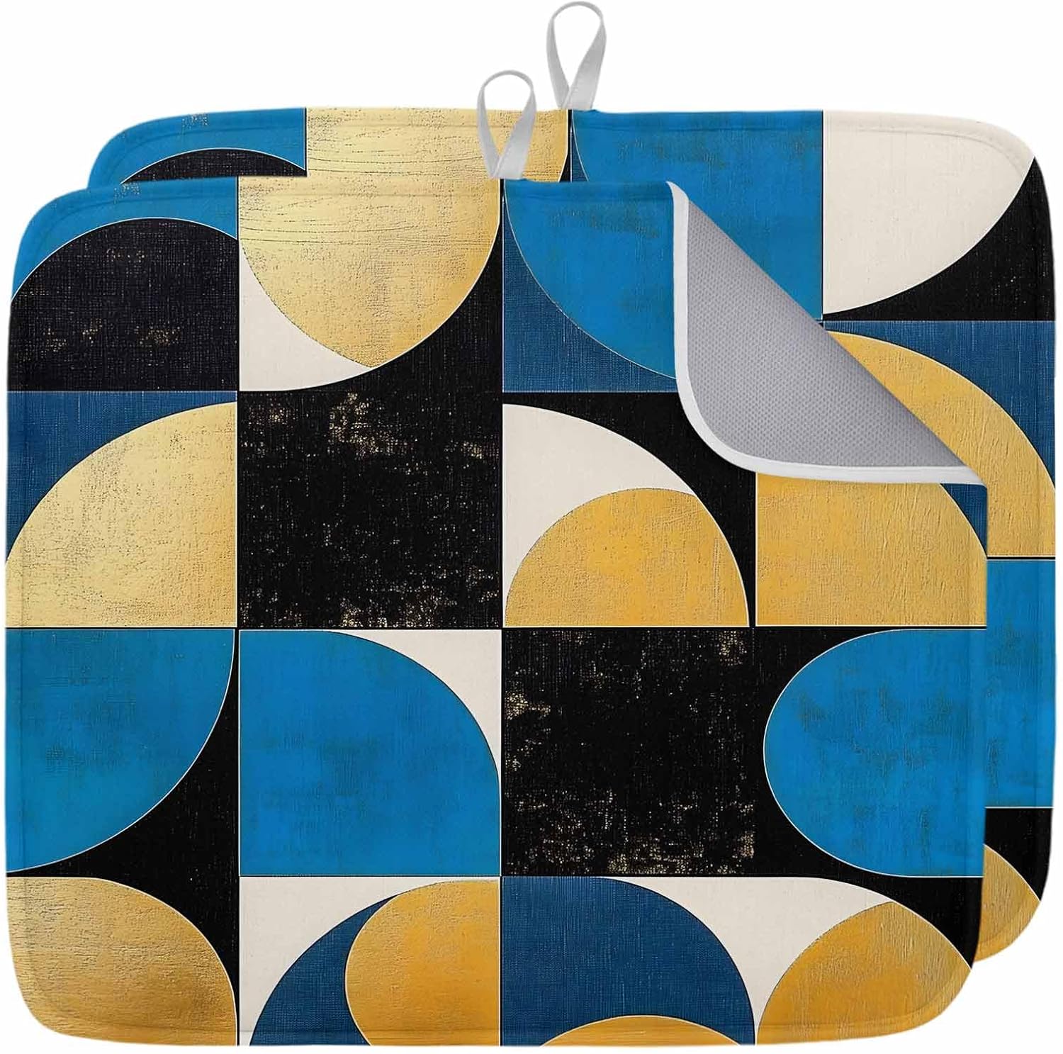 Blue Yellow Color Block Dish Drying Mats for Kitchen Counter,Absorbent Microfiber Dish Drainer Rack Mat Abstract Geometric Collage Art Drying Pad for Sinks,Utensils,Countertops,18x24in