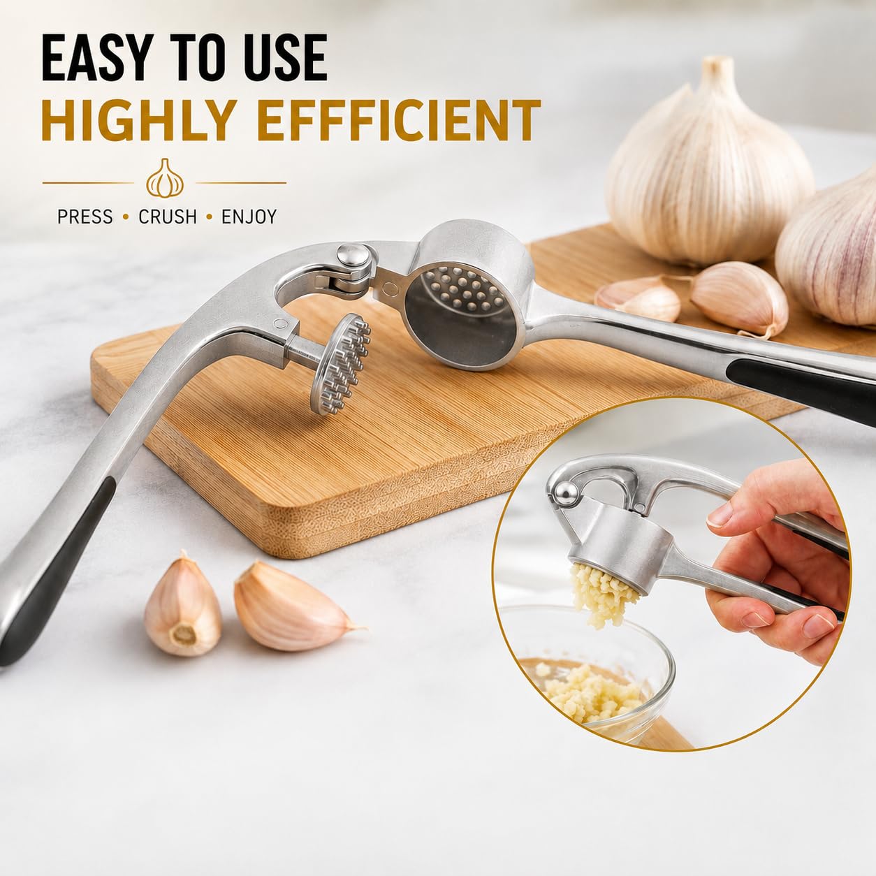 Tenom Heavy Duty Garlic Press - Rustproof & Dishwasher Safe -6