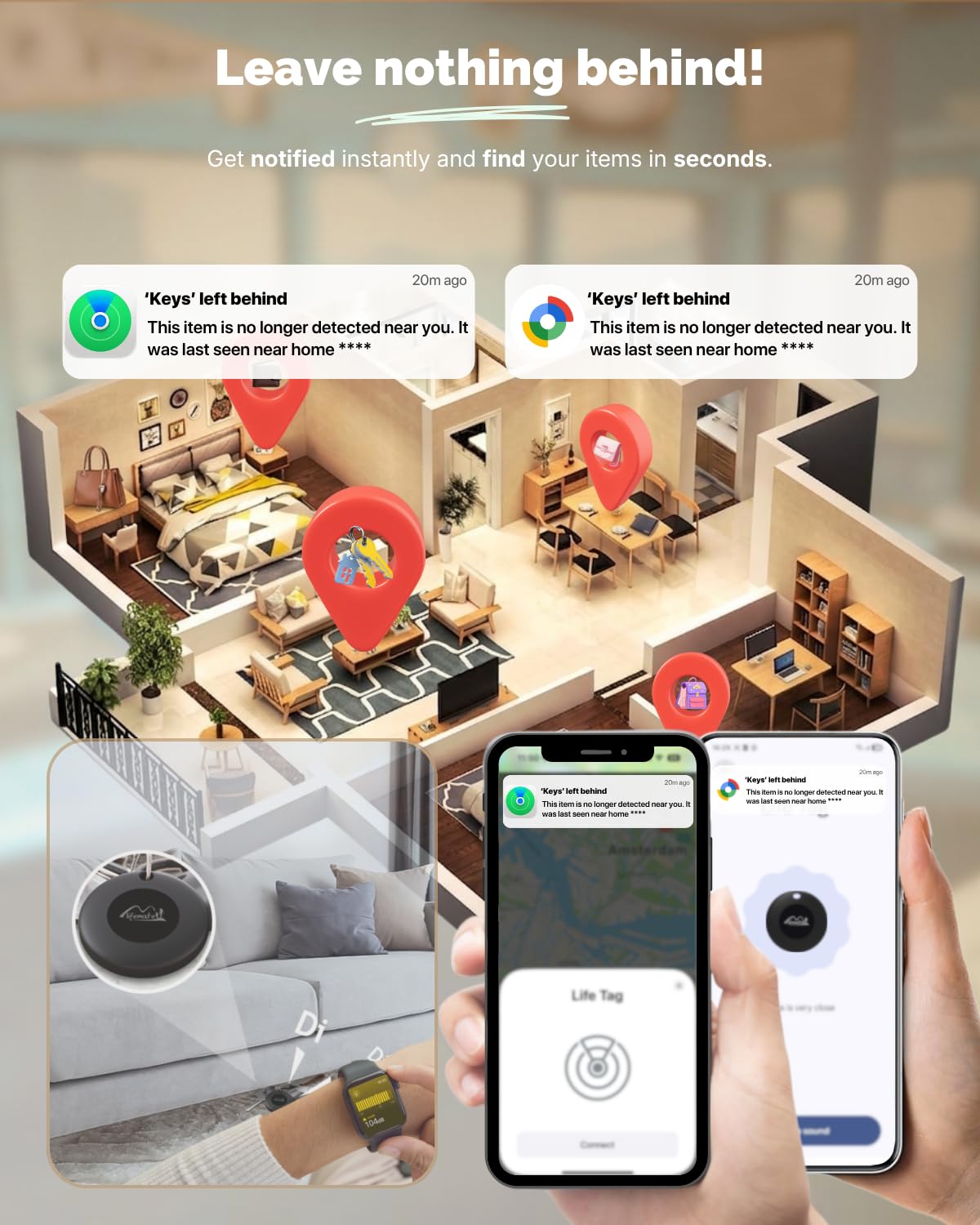 Lifemate Life Tag Duo 8-pak – Lokalizator Bluetooth – Kompatybilny z Apple Find My lub Google Find Hub (iOS lub Android), wodoodporny IP67, bateria CR2036