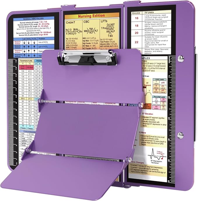 Nursing Clipboard Foldable, Foldable Clipboard w/Nursing Edition Medical Charts, 3 Layers Aluminum, Nurse Clip Board w/Low Profile Clip&Pen Clip for Students, Nurses and Doctors, Purple