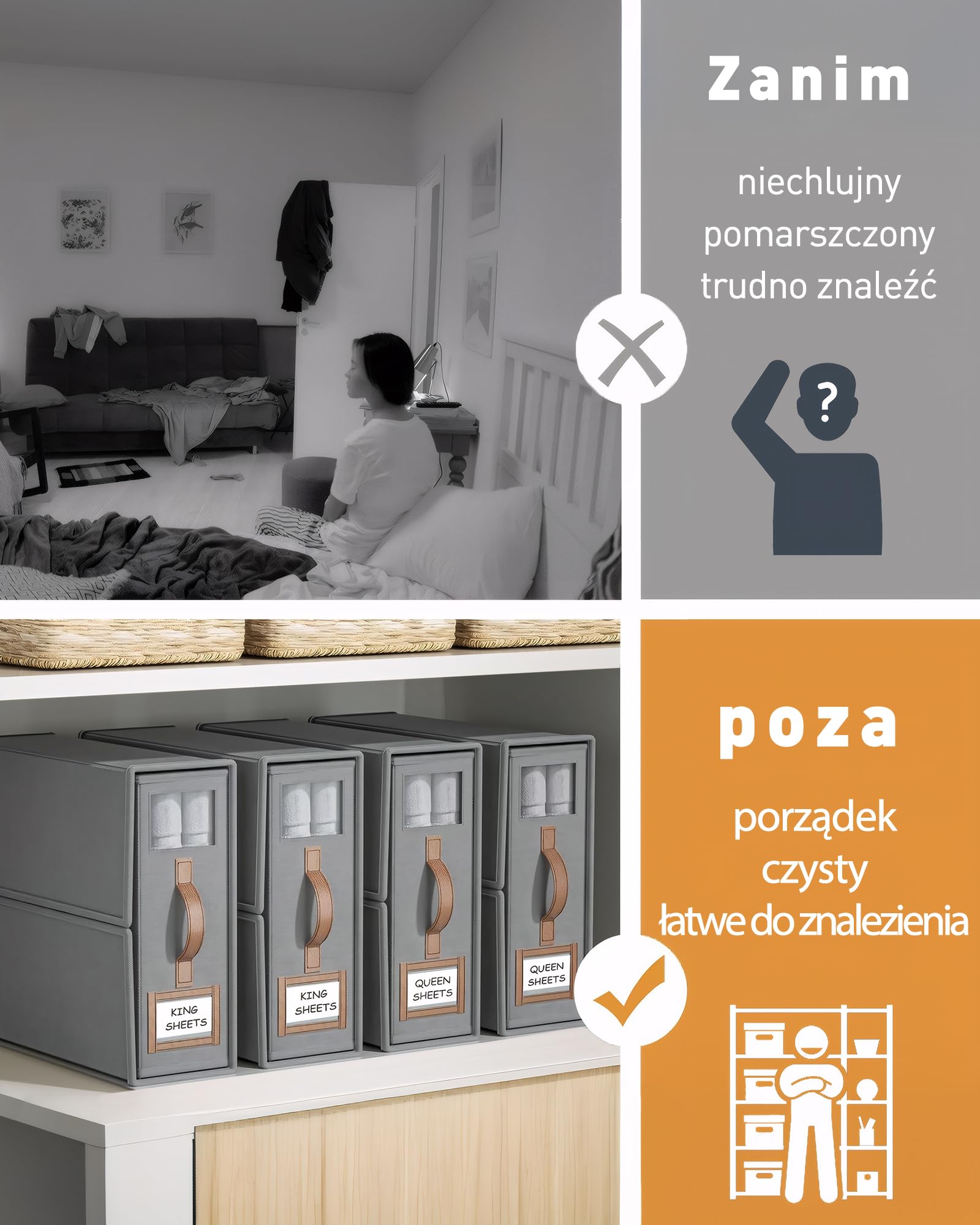 SwartLife Zestaw 6 Organizerów na Pościel i Prześcieradła - Składany Organizer do Szafy z Okienkiem i Etykietą - Oddychające Pudełko na Kołdry i Ręczniki- Szary