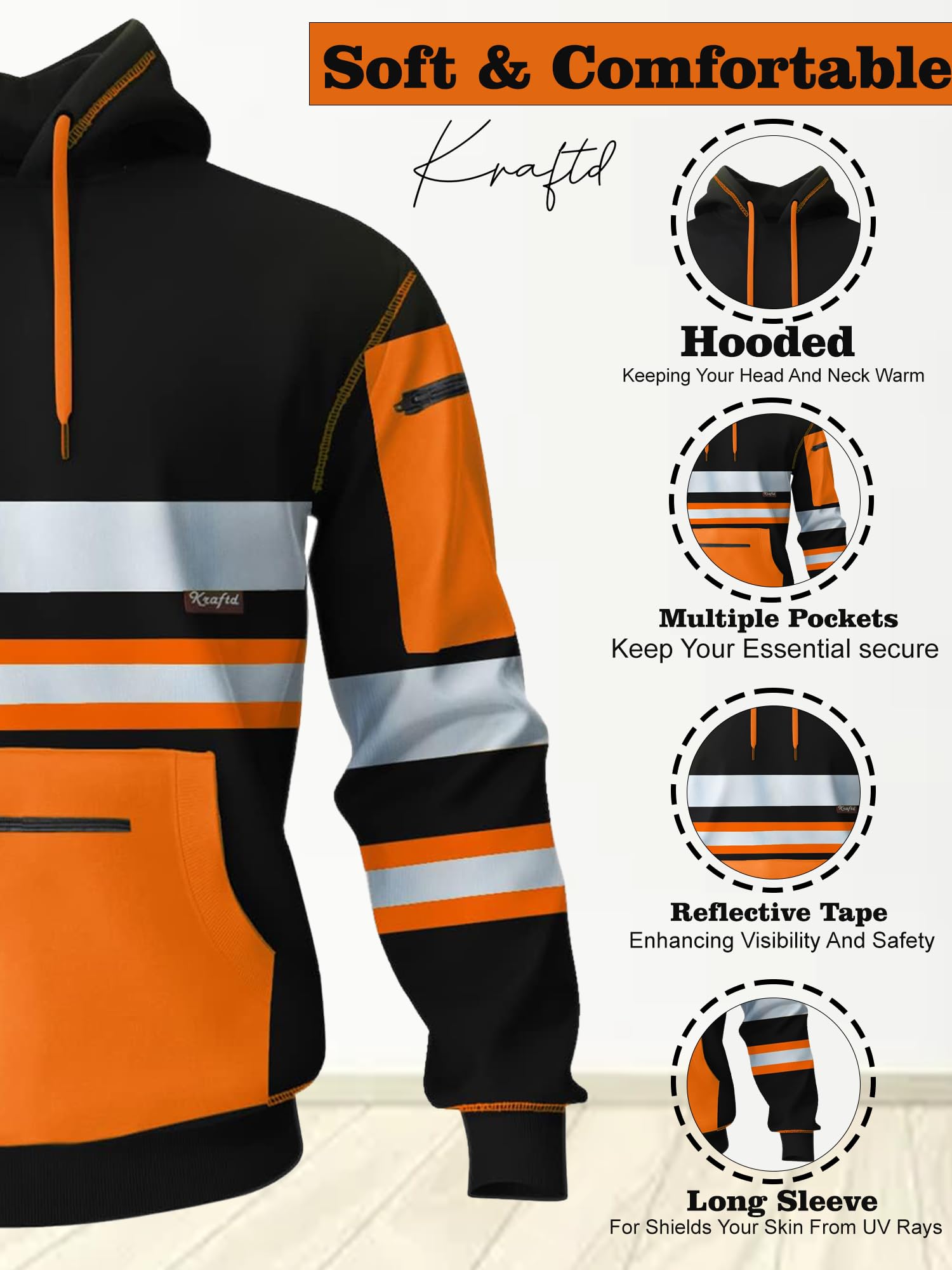 kraftd Mens Hi Vis Hoodie High Viz Hooded Sweatshirt Workwear Hoody With Reflective Tape — view 3