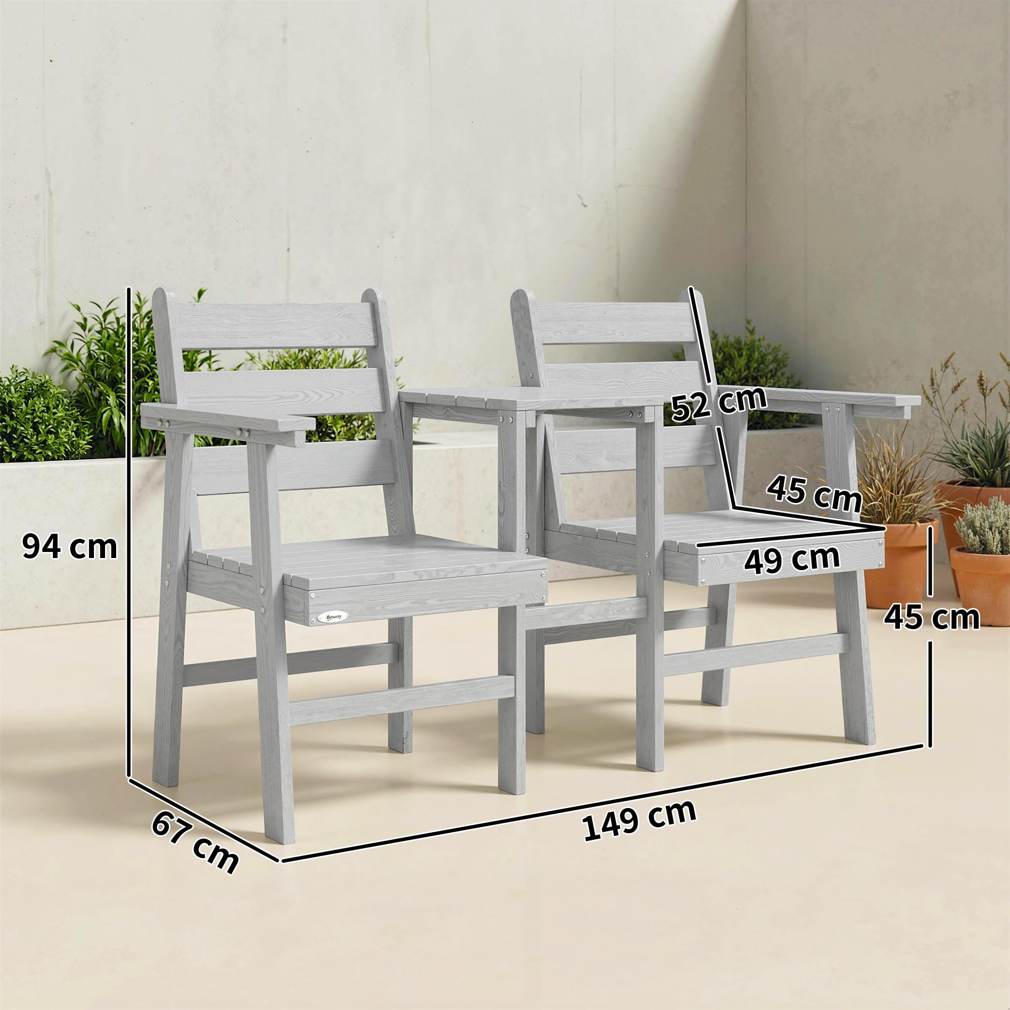 Outsunny Garden Loveseat Jack and Jill Gartensitz Einbautisch Grau | 2-Sitzer, geprägter Holzsitz, Terrasse, Veranda, Balkon