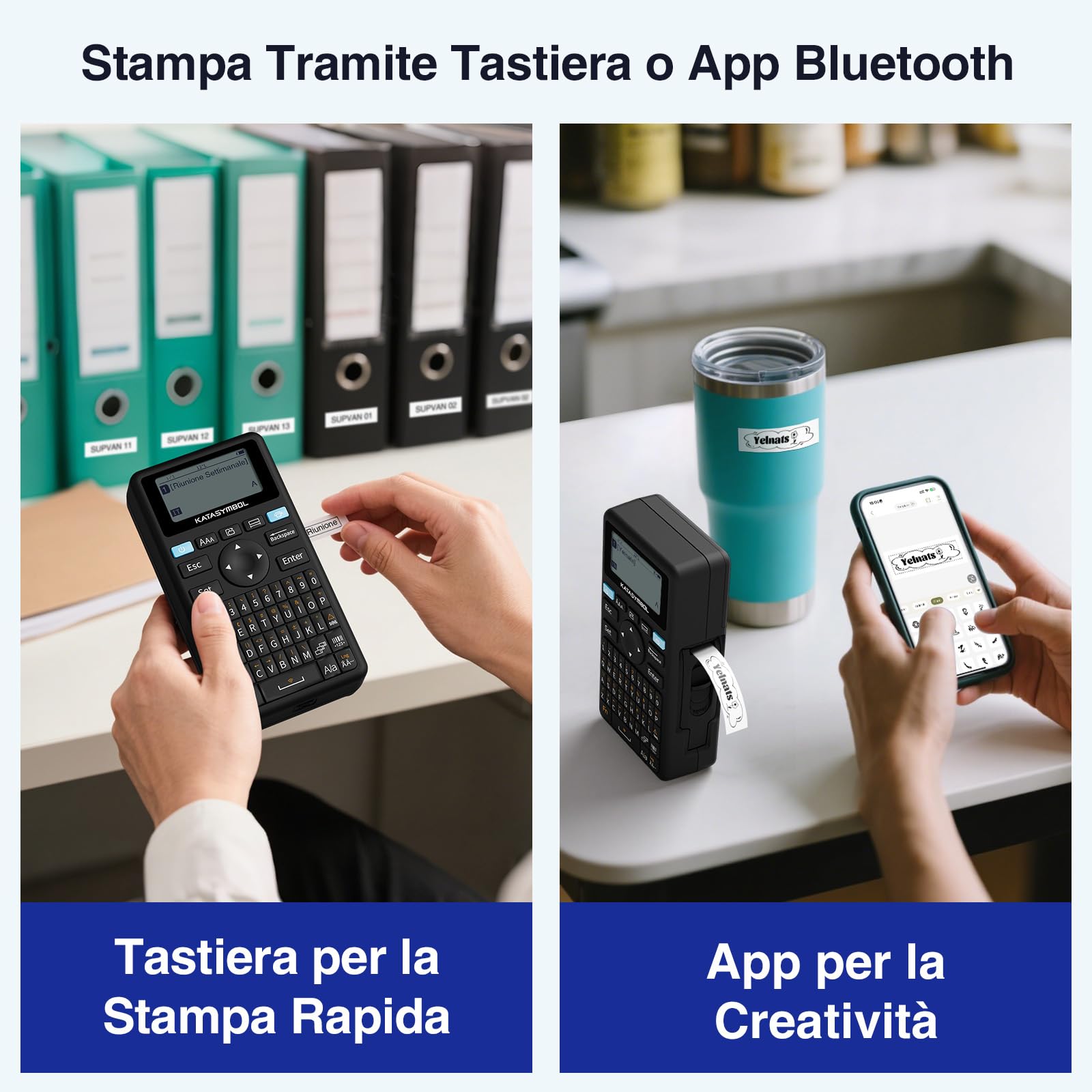 SUPVAN E11 Etichettatrice Bluetooth con 4 Nastri, Supporta Tastiera e App con 40+ Font e 600+ Icone, Stampante Etichette Adesive Ricaricabile senza Inchiostro per Casa, Cucina, Scuola, Ufficio, Nero