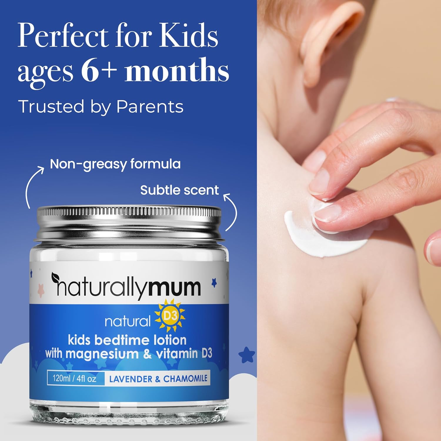 NaturallyMum Kids Magnesium Bedtime Lotion with Vitamin D | Support for Sleep, Heart, Bone, Nerve, Gut and Muscle Health | Alternative to Melatonin | Lavender & Chamomile 4.2 fl oz
