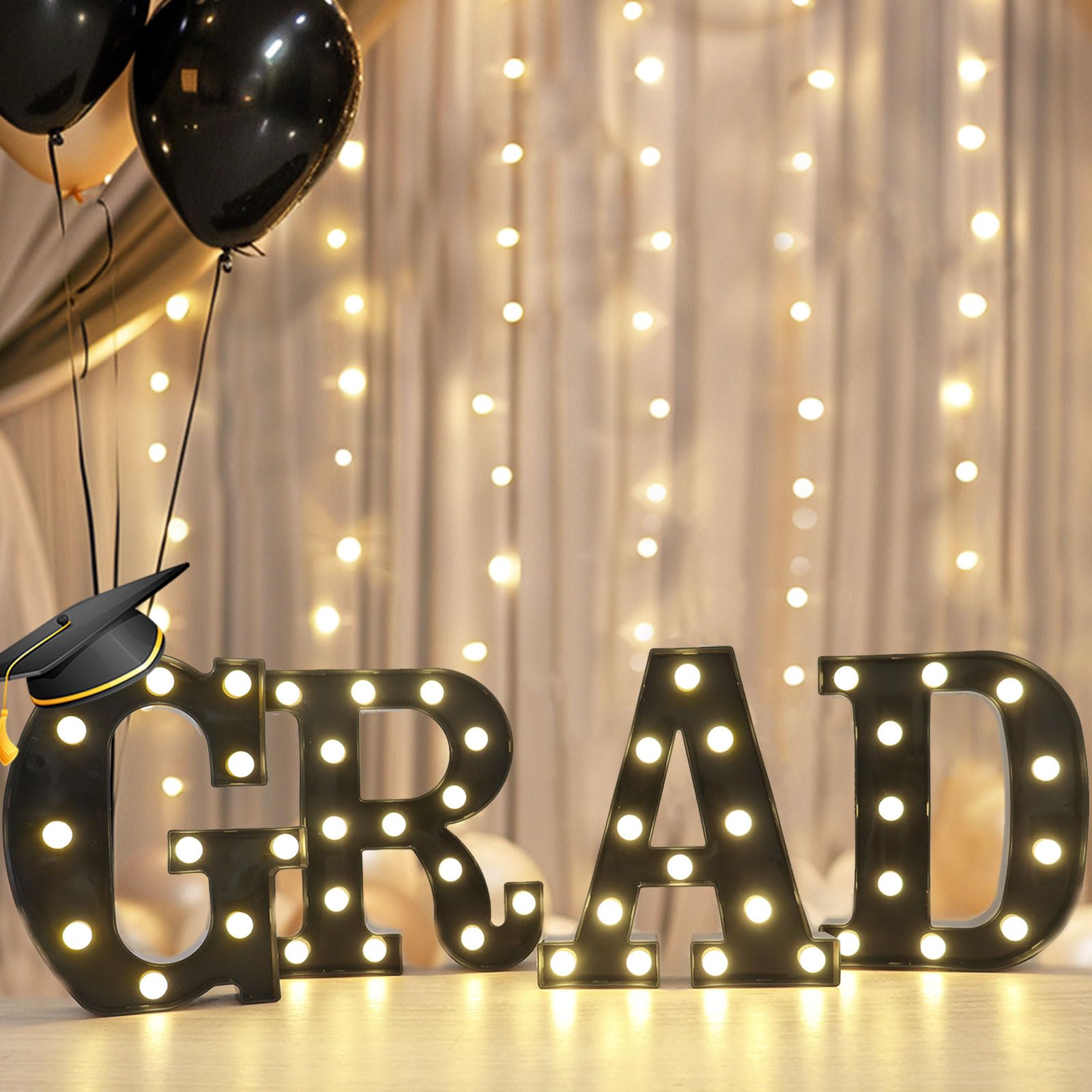 2024 Graduation Decorations, 4 LED Light Up Letters GRAD Sign for Class of 2024, Battery Operated Marquee Letter Lights GRAD Sign for High School Senior College Graduation Party Favor Supplies-Black