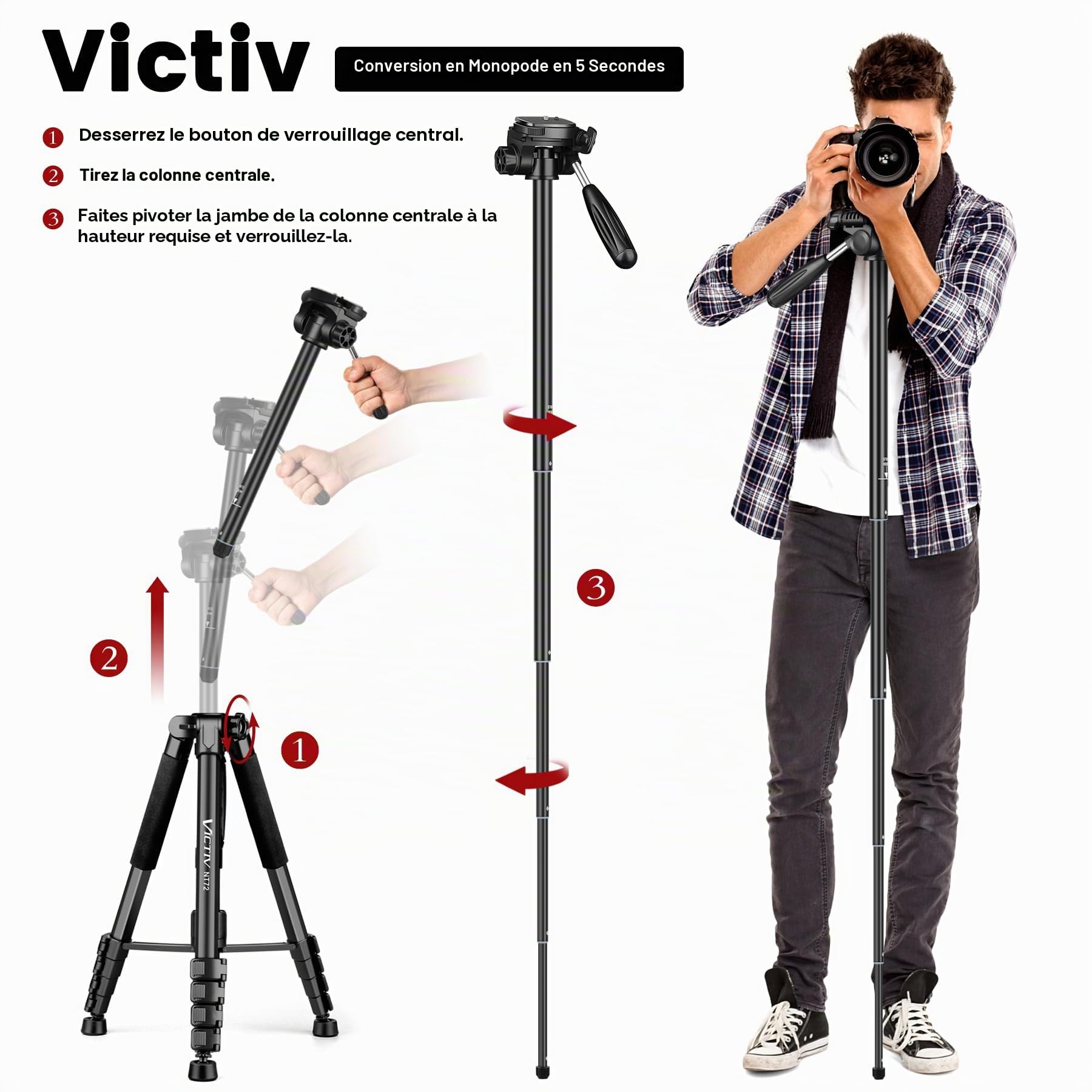 Victiv Trépied en aluminium T72 pour appareil photo - Hauteur maximale : 182 cm - Léger et compact - Avec tête pivotante à 3 voies et 2 plaques de dégagement rapide pour prise de vue vidéo DSLR - Noir