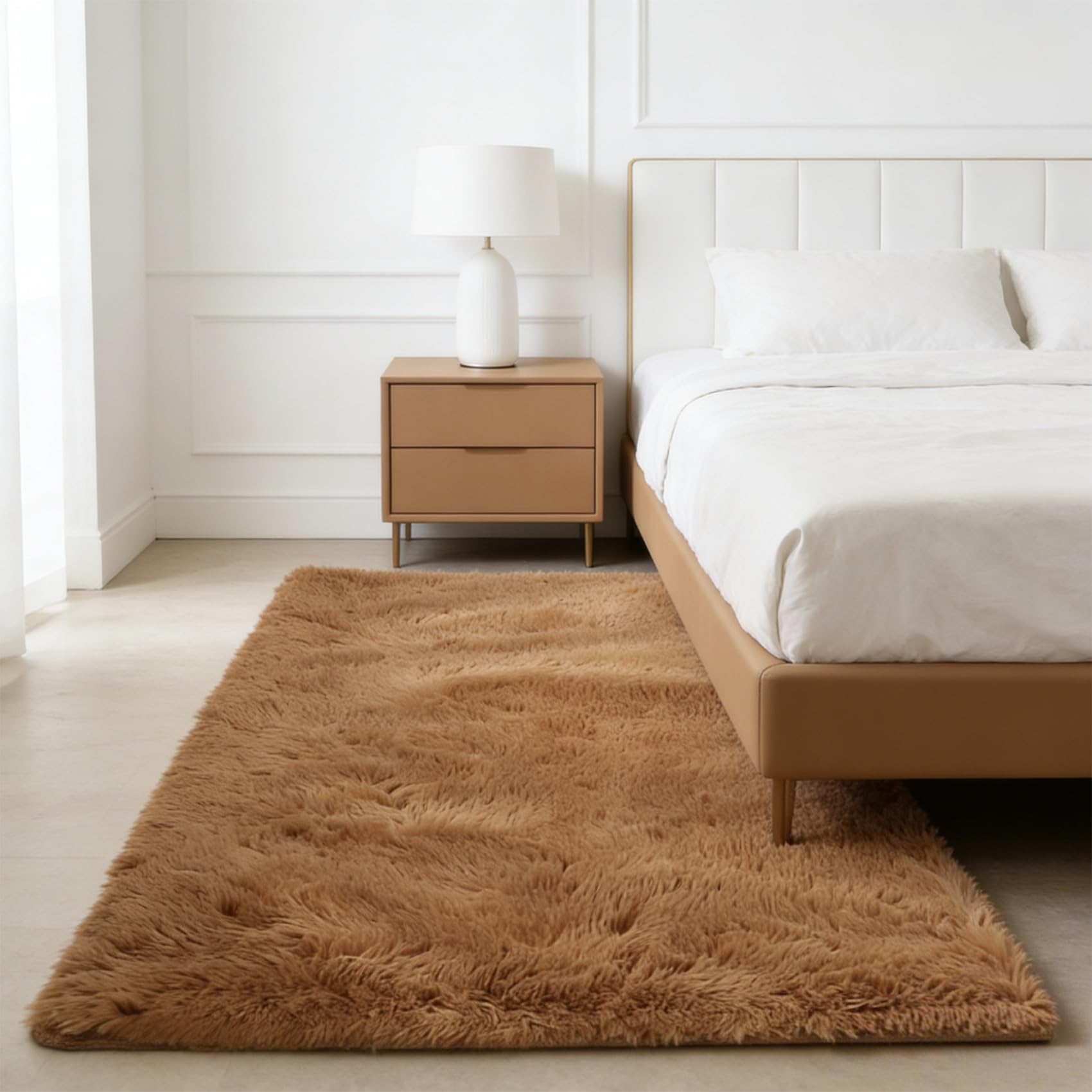 Tapis salon doux moelleux marron grand format 275 x 110 cm antidérapant à poils longs