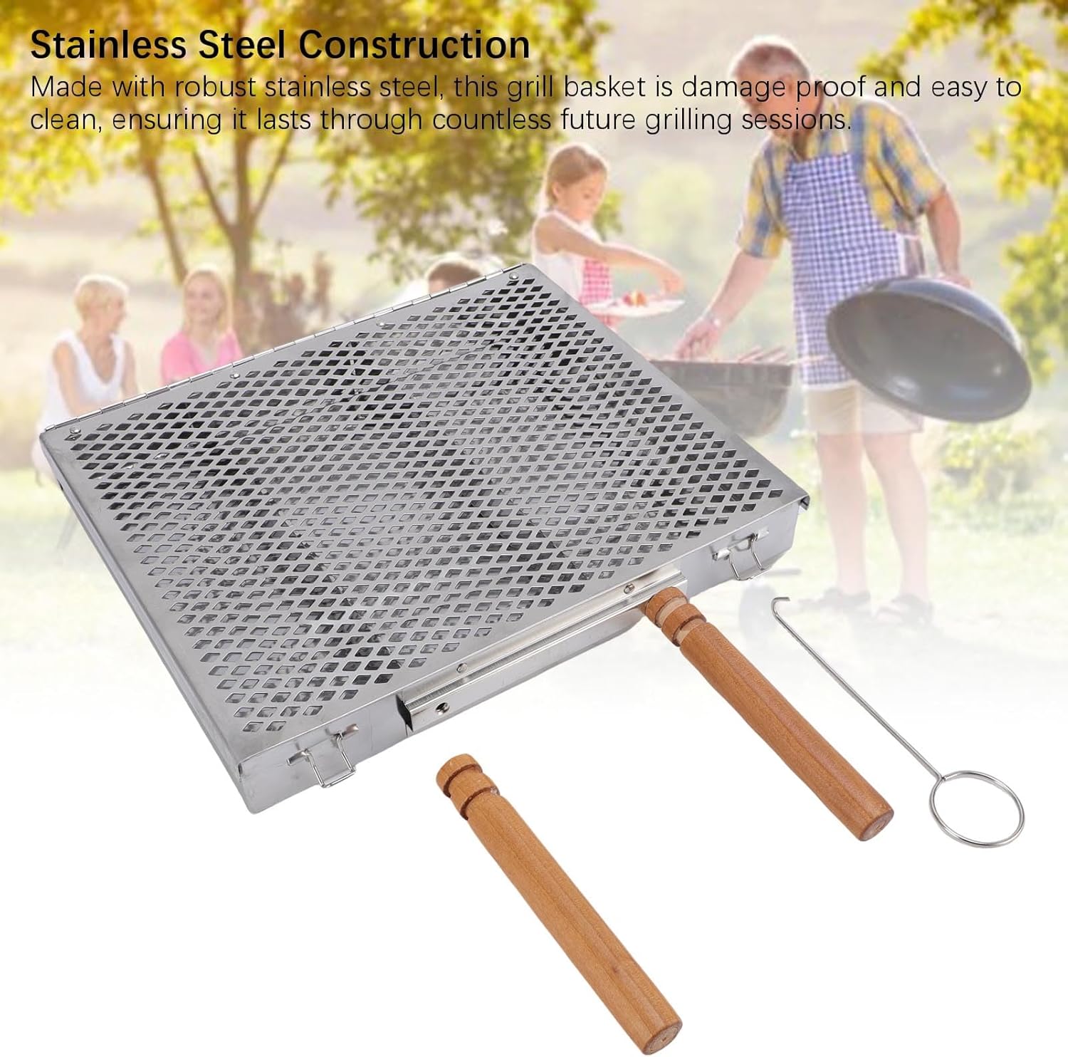 Focket Outdoor Grill Baskets, Stainless Steel BBQ Basket with Removable Handle and Dividers Basket for Fish Vegetable Shrimp Outdoor Cooking (Double Handle)