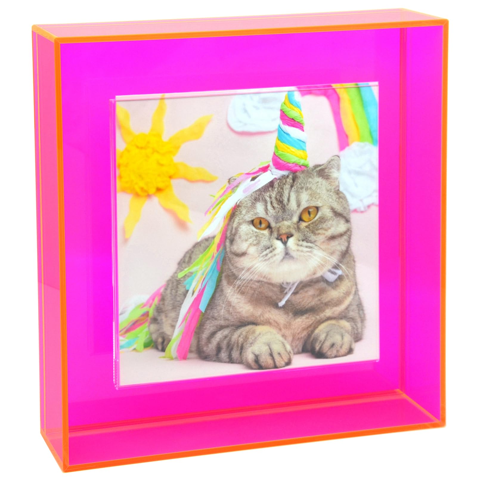 Photo 1 of HappyDino 8x8 Acrylic Picture Frame for Wall and Tabletop Neon Floating Photo Frame with Decorative Bright Color, Neon Pink