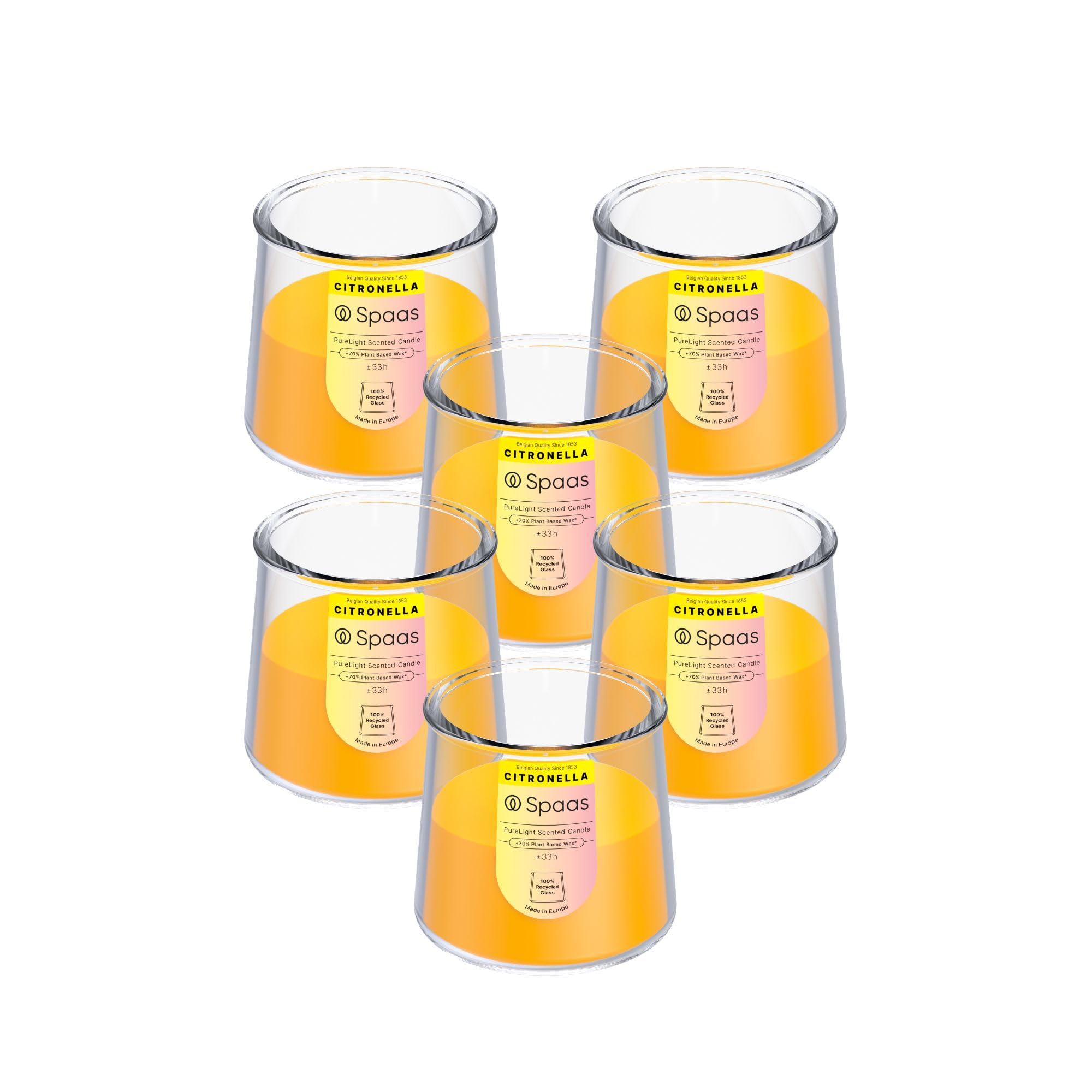 Spaas 6 PureLight Bougies Parfumées Citronnelle, ± 33 heures, Jaune Vif