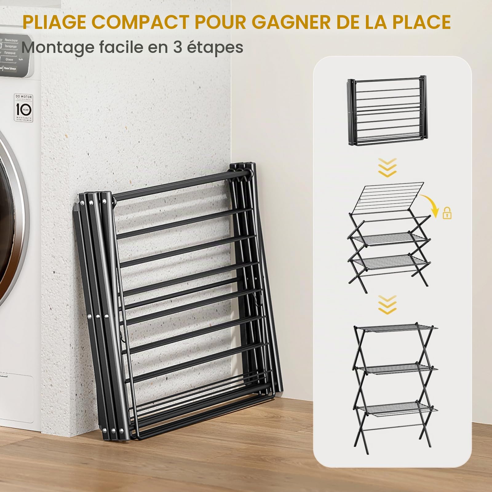 KINGBOARD Support de séchage des vêtements, étendoir à linge pliable, séchoir à vêtements à 3 niveaux, séchoir à pull pliable, pour intérieur et extérieur, Noir