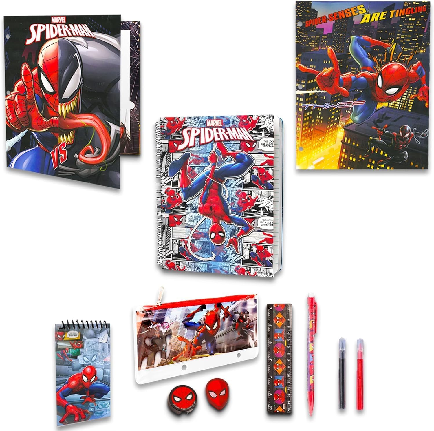 Marvel Spiderman Backpack with Spidey Lunch Box Set Hero School Supplies (Red and Blue)