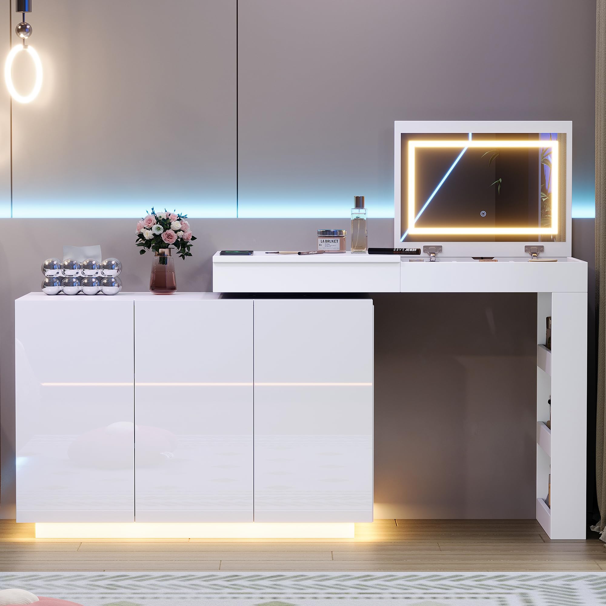 Mesa de oficina y tocador en L blanco brillante para transformar tu dormitorio en un estudio