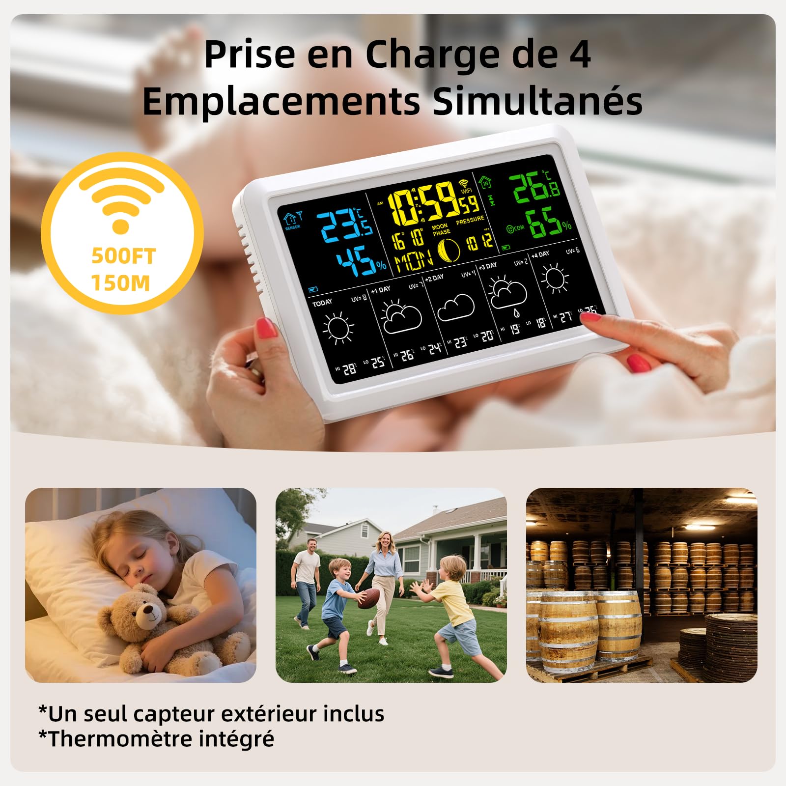 Station Météo Sans Fil, Thermometre Interieur Exterieur avec Capteur Externe, 4 Rétroéclairage Réglable, 7,5" Station Meteo Connectée, Prévisions Météo,Baromètre, Alarme,Thermomètre Hygromètre