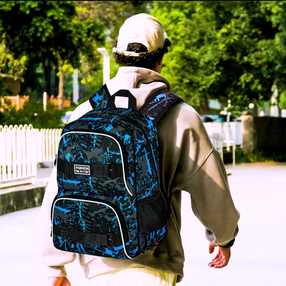 17 Inches Backpack for Boys Men, 3Pcs College Laptop Backpacks with Lunch Bag, Water Resistant Graffiti School Bookbag Set for Teens Students(Blue) - Image 8