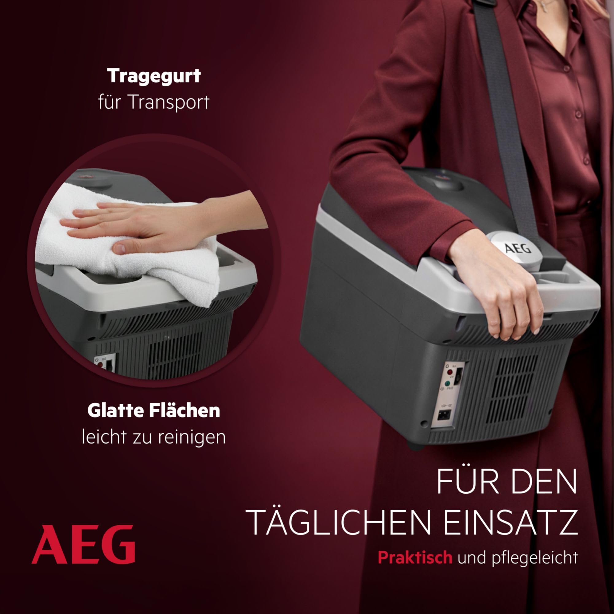 AEG Automotive Board-Bar BK 16 Thermoelektrische Kühl- und Warmhaltebox 16 Liter, 12 Volt für Auto und Steckdose, anschnallbar im PKW, Schwarz,hellgrau