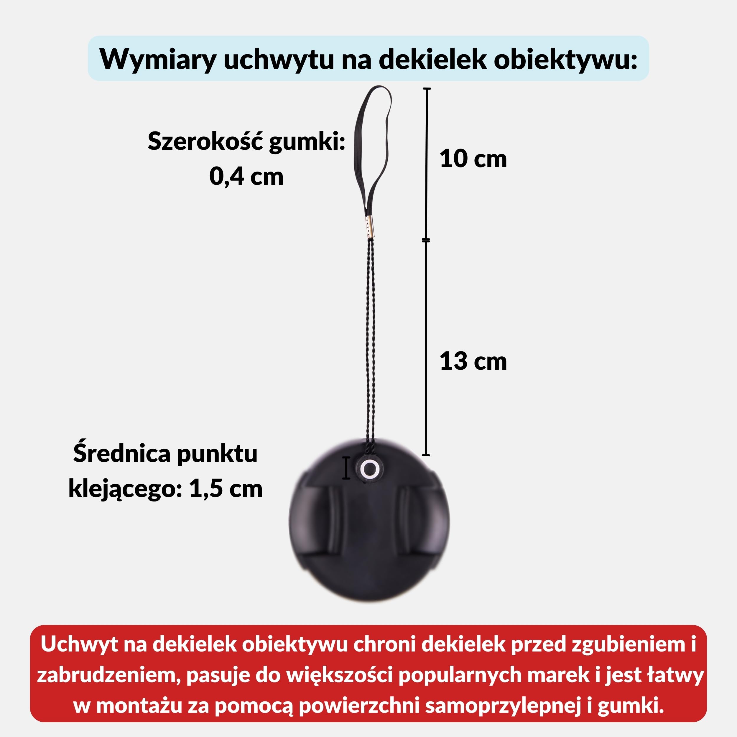 LENS-AID uchwyt dekielka obiektywu ze sznurkiem - zestaw 5 szt. | 5 uchwytów ze sznurkiem 13 cm, krążkiem klejącym i gumką, do dekielków obiektywu i Lens Cap