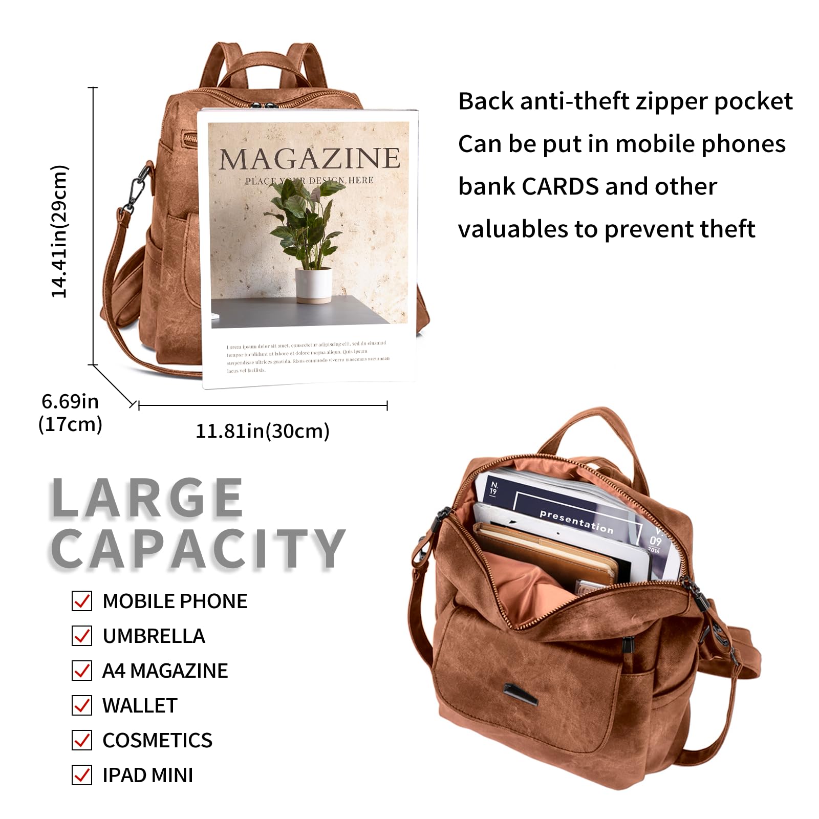 Frauen Rucksack Wasserdicht Anti-Diebstahl Leichtgewicht PU Mode Reisen Mehrzweck Cabrio Geldbörse Umhängetasche Handtasche Rucksack